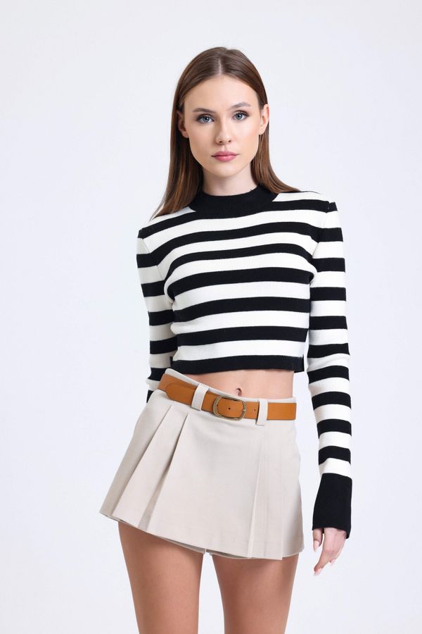 Striped Crew Neck Cropped Sweater with a Back Cut out 1