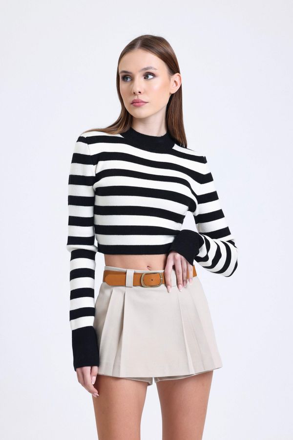 Striped Crew Neck Cropped Sweater with a Back Cut out 2