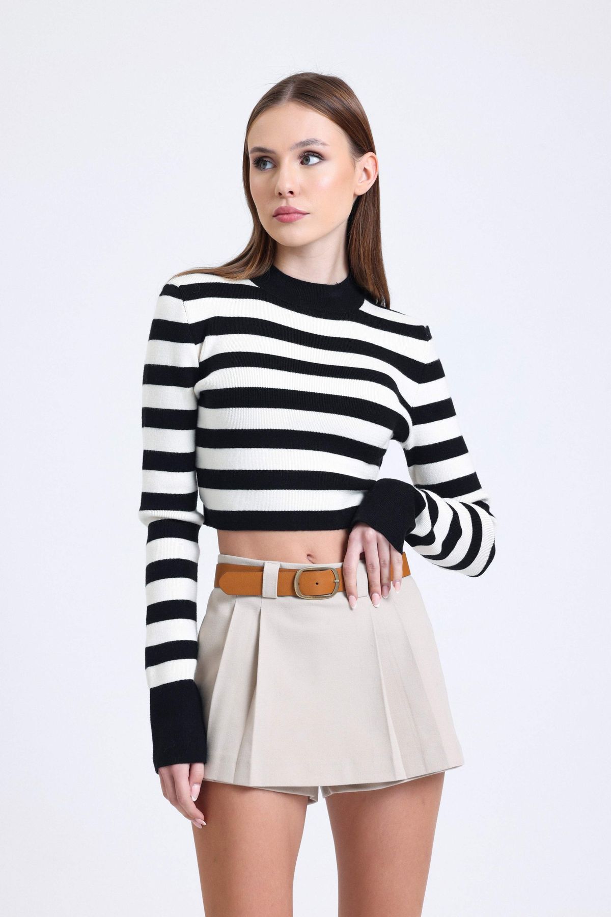 Striped Crew Neck Cropped Sweater with a Back Cut out