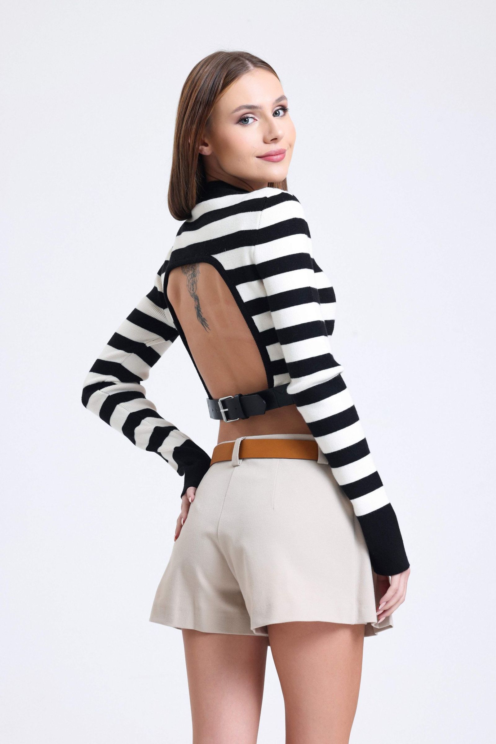 Striped Crew Neck Cropped Sweater with a Back Cut out