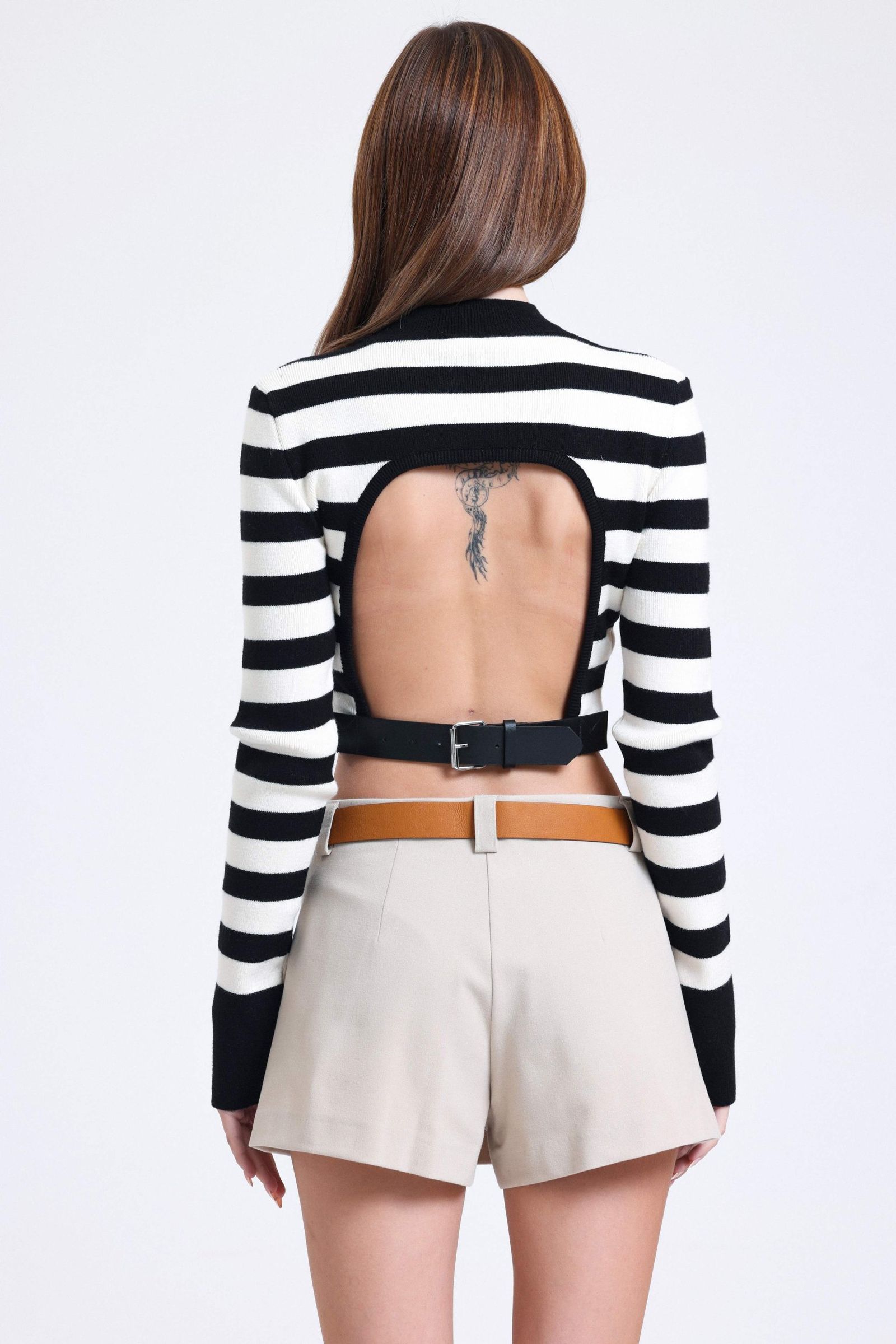 Striped Crew Neck Cropped Sweater with a Back Cut out