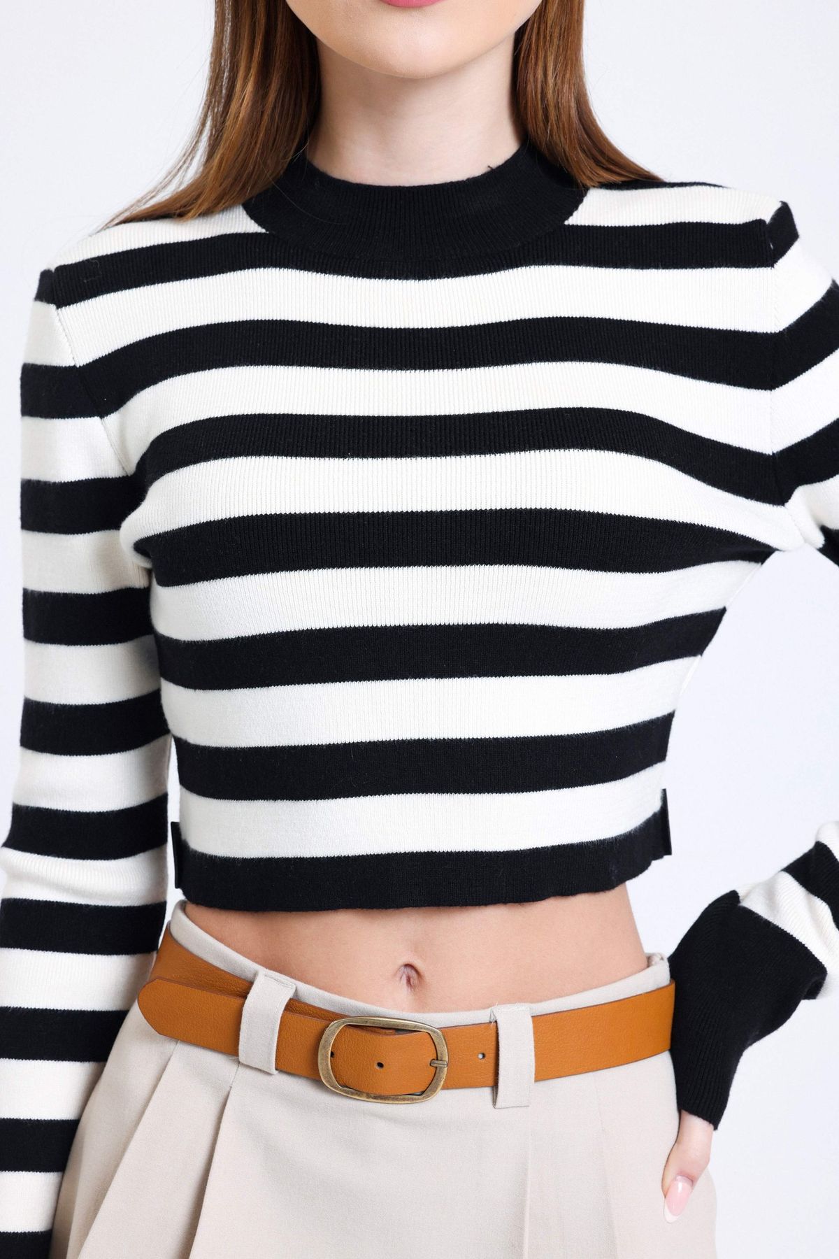 Striped Crew Neck Cropped Sweater with a Back Cut out