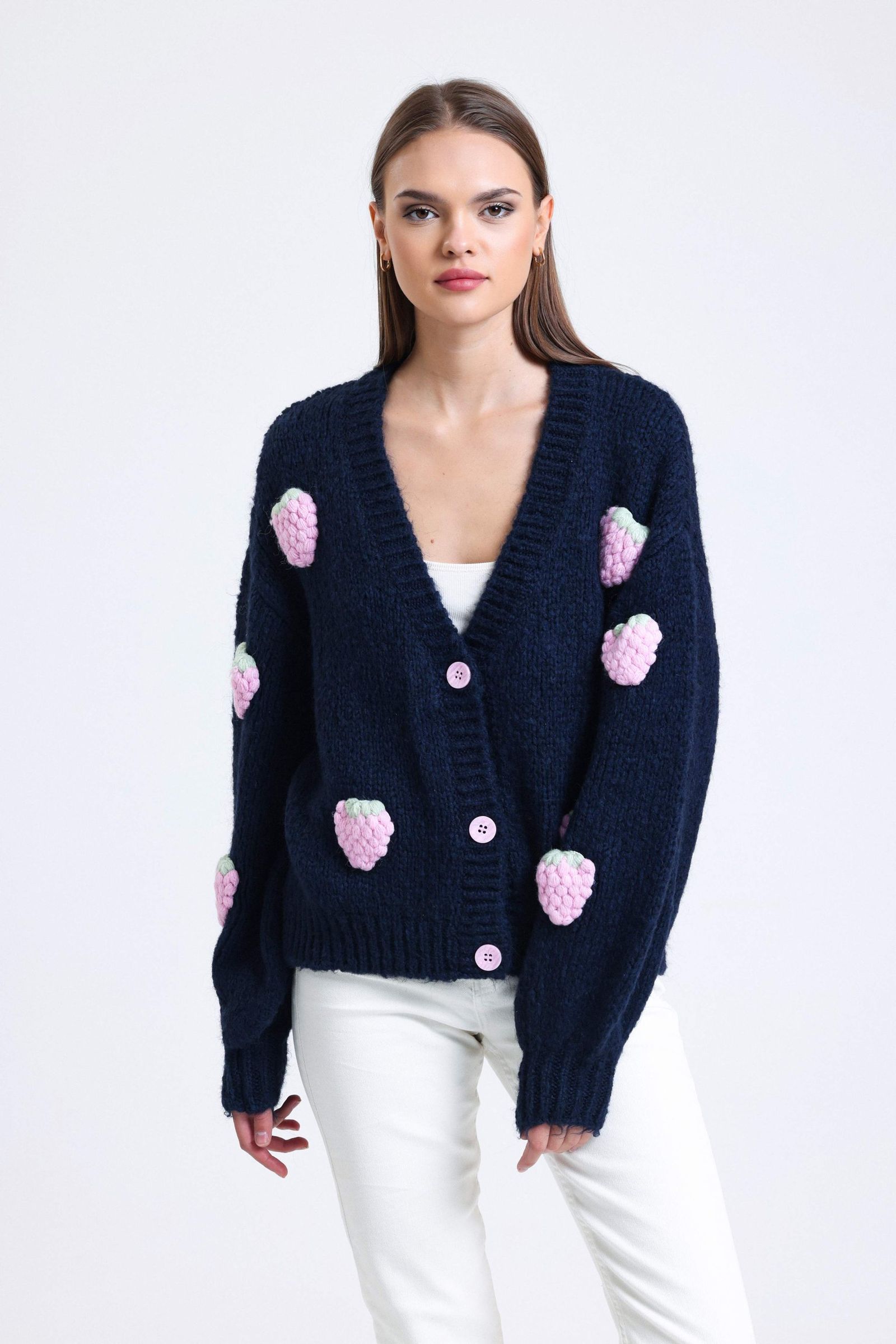 Strawberry Embroidered V Neck Baloon Sleeve Oversized Cardigan