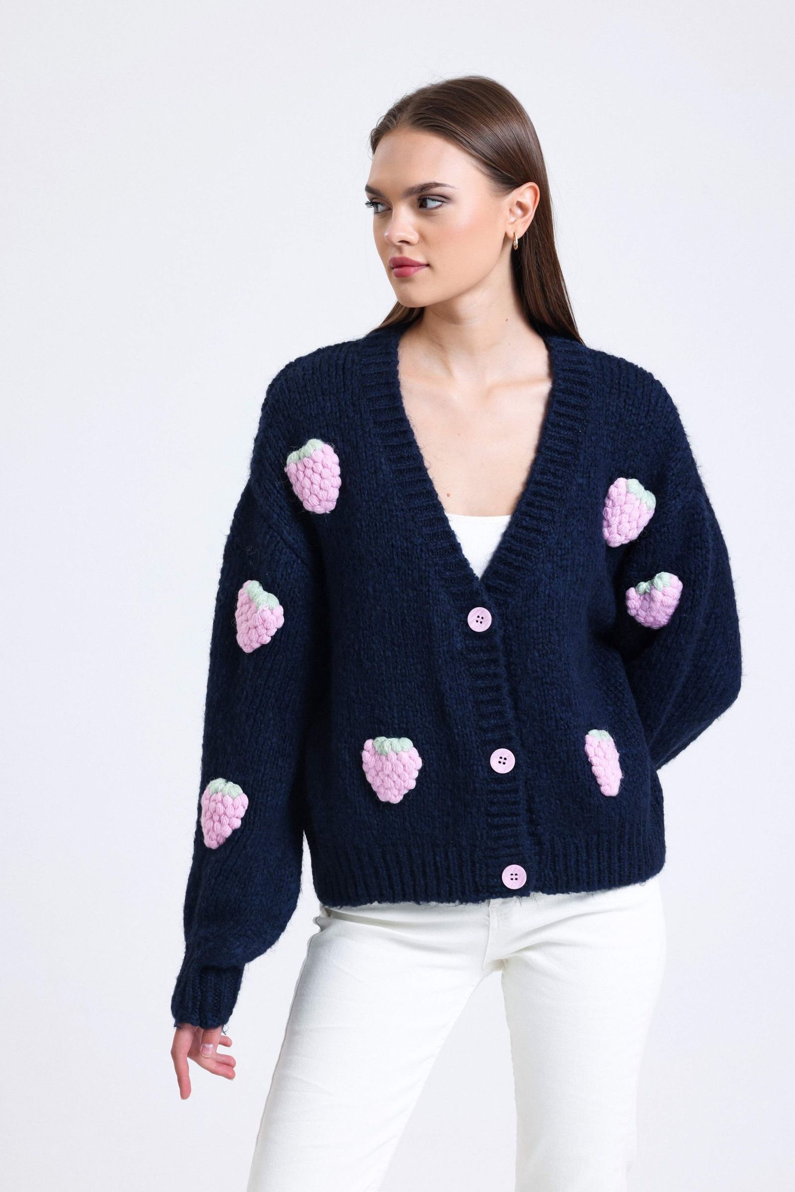 Strawberry Embroidered V Neck Baloon Sleeve Oversized Cardigan