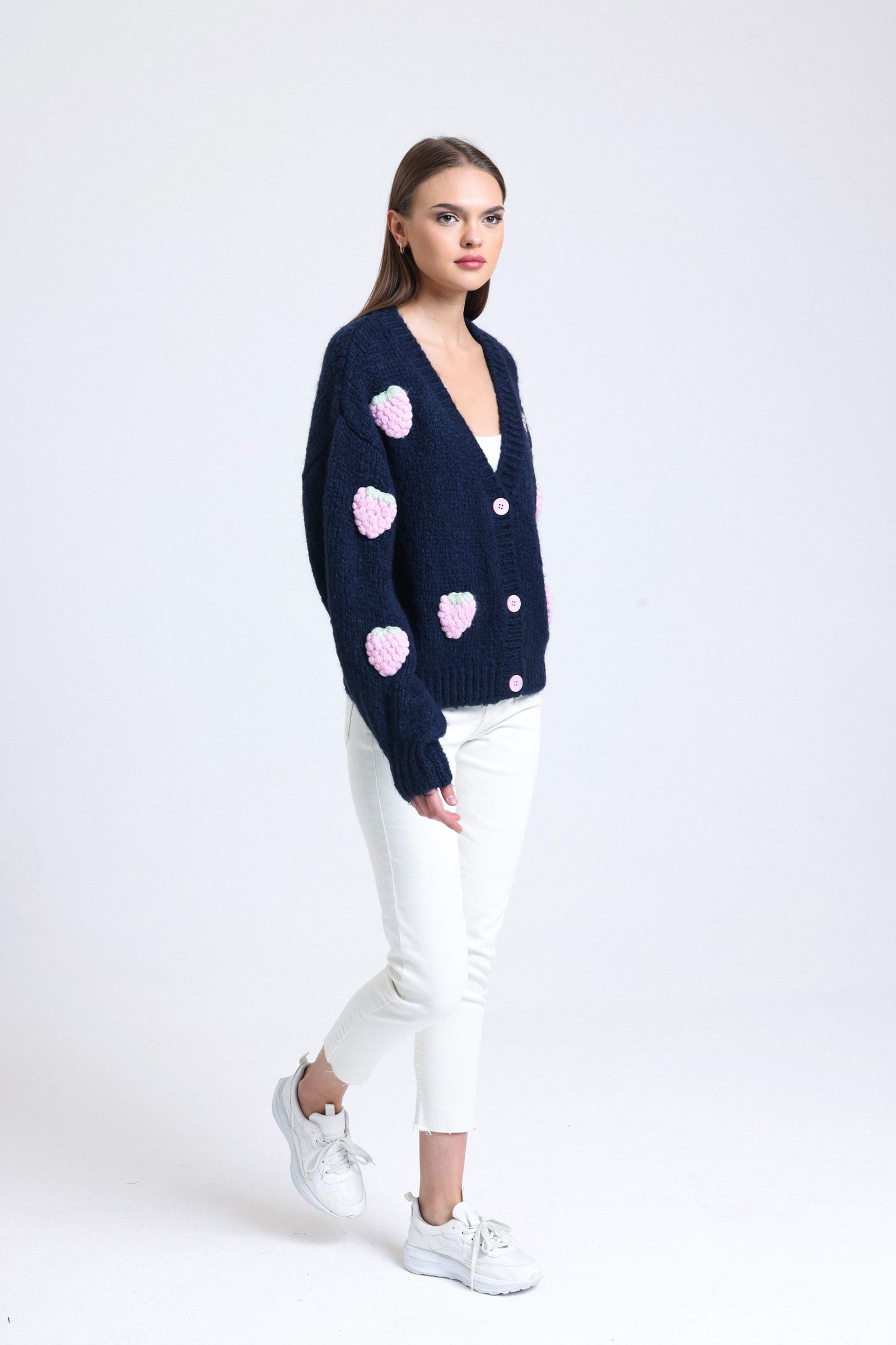 Strawberry Embroidered V Neck Baloon Sleeve Oversized Cardigan