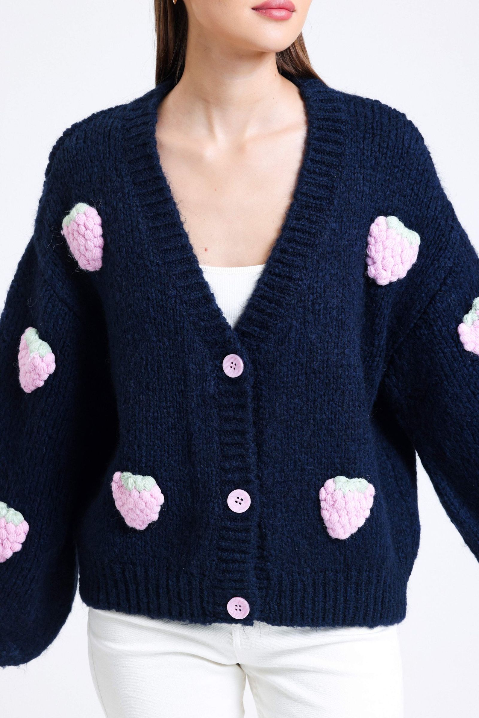 Strawberry Embroidered V Neck Baloon Sleeve Oversized Cardigan