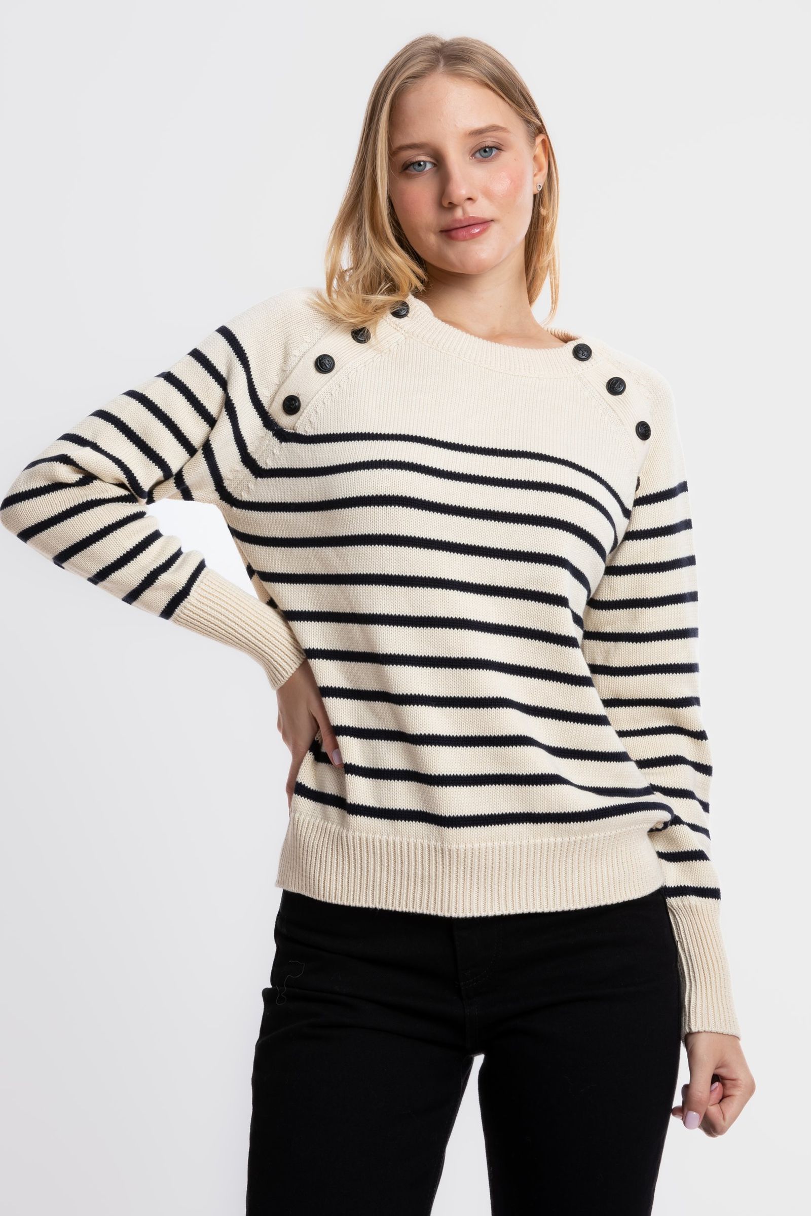 Striped Crew Neck Buttoned Sweater