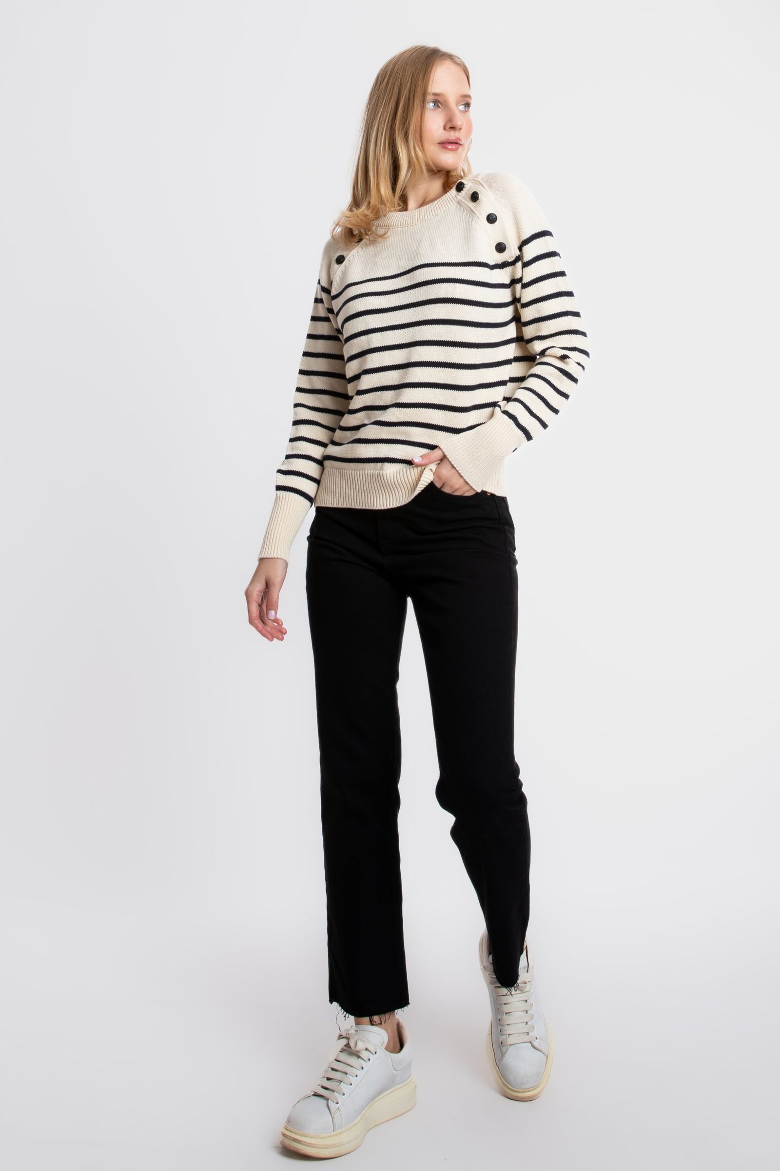 Striped Crew Neck Buttoned Sweater