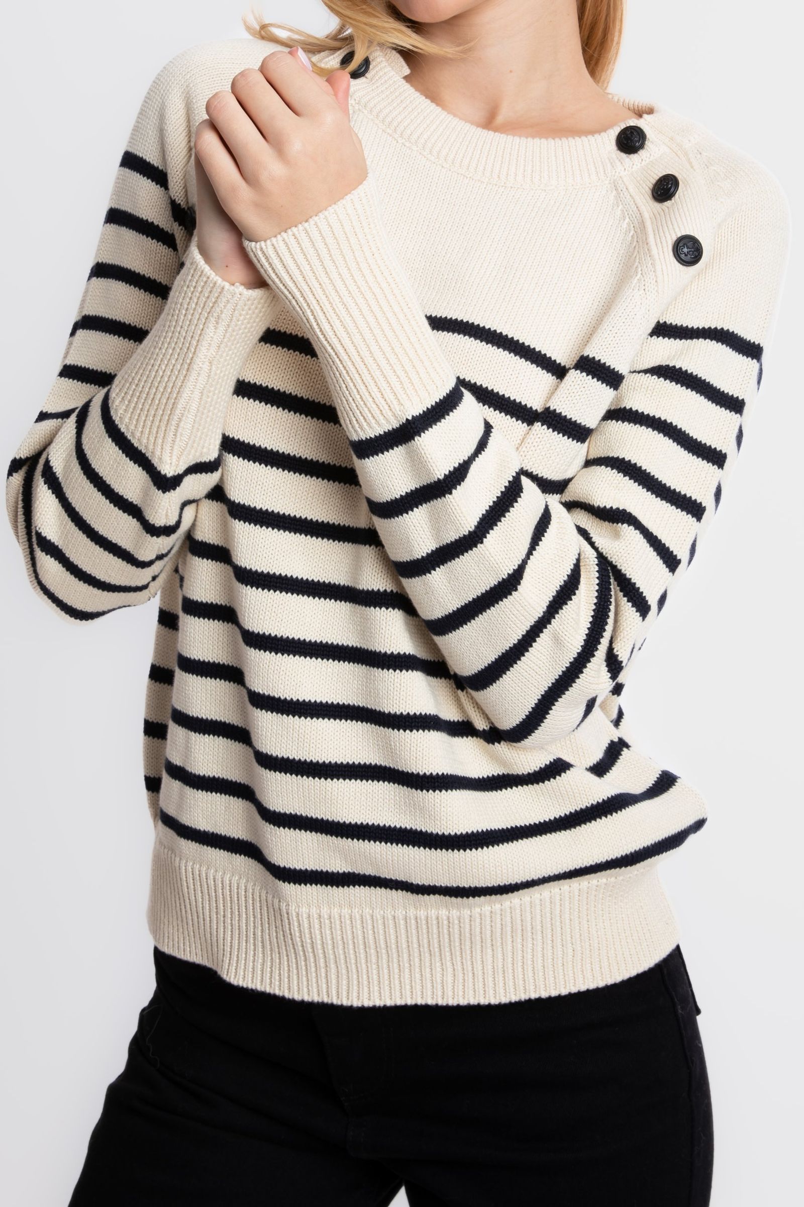 Striped Crew Neck Buttoned Sweater