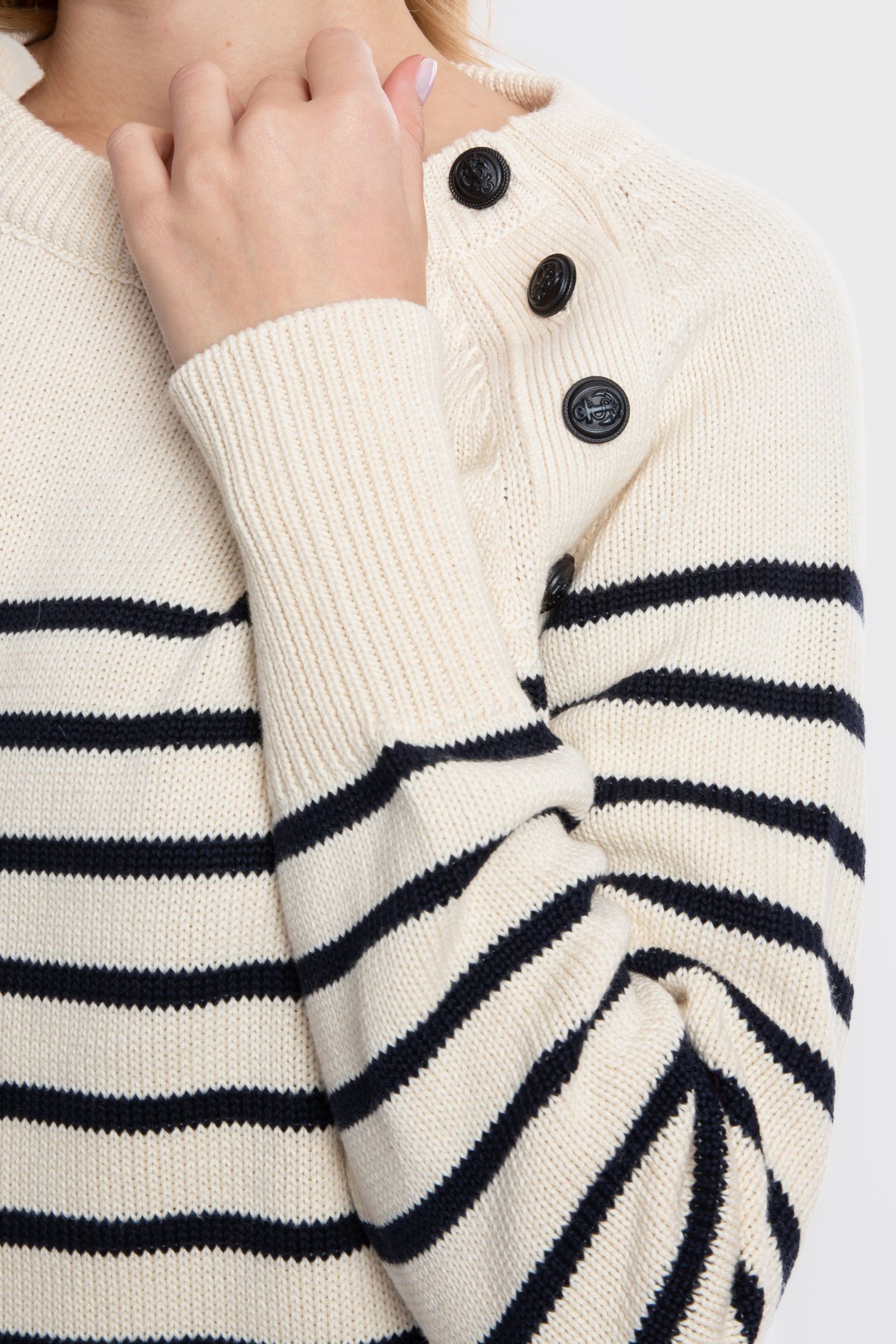 Striped Crew Neck Buttoned Sweater