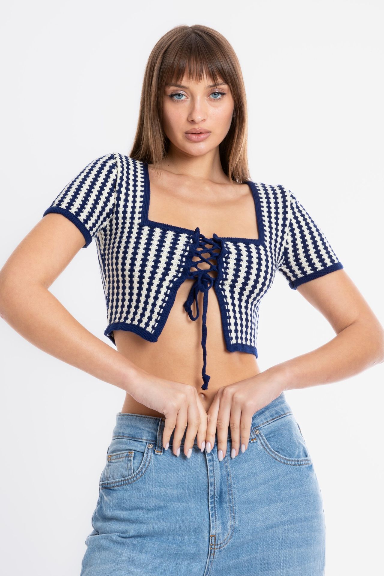 Geometric Square Neck Lace Up Short Sleeve Cropped Cardigan