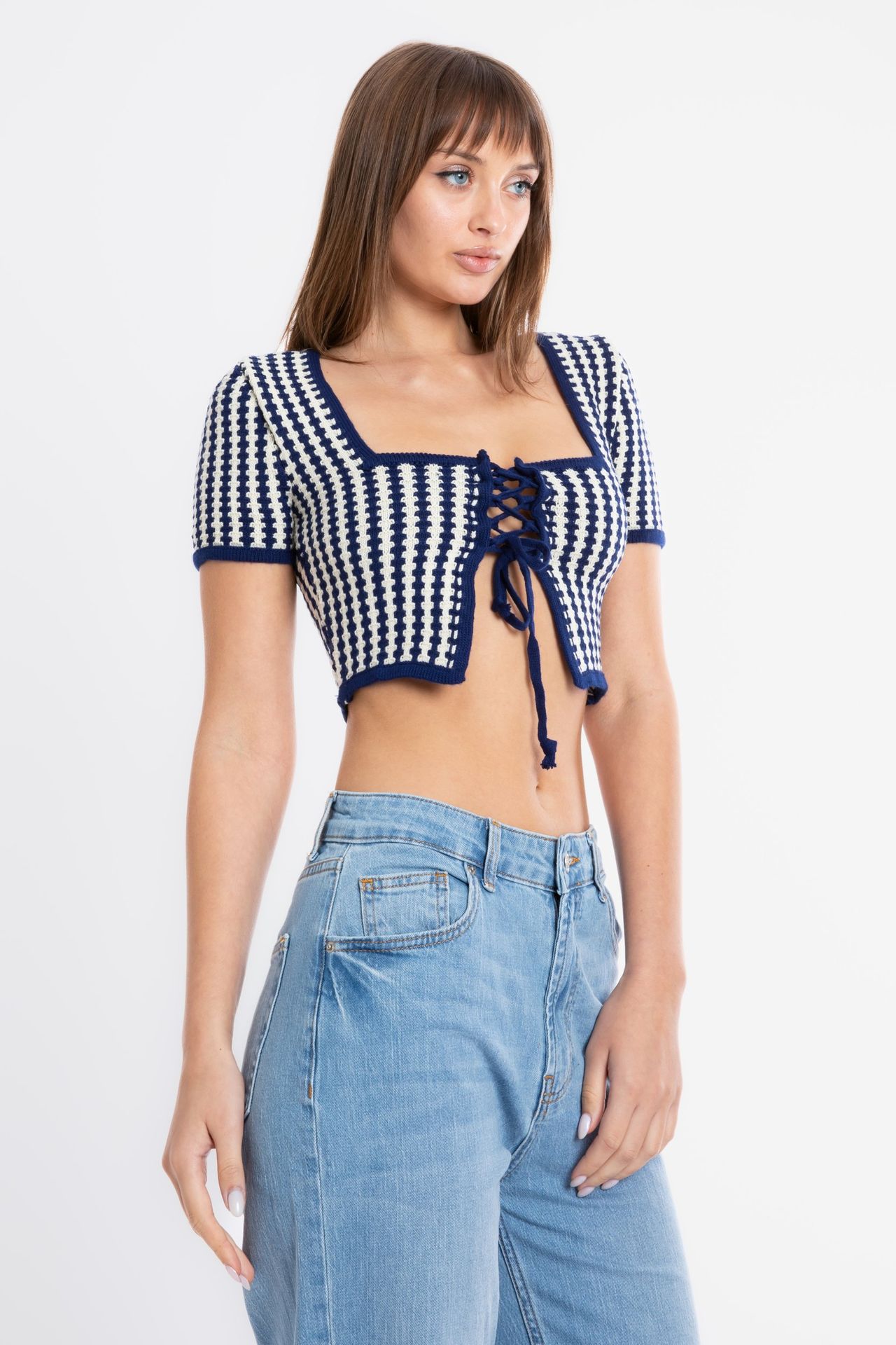 Geometric Square Neck Lace Up Short Sleeve Cropped Cardigan