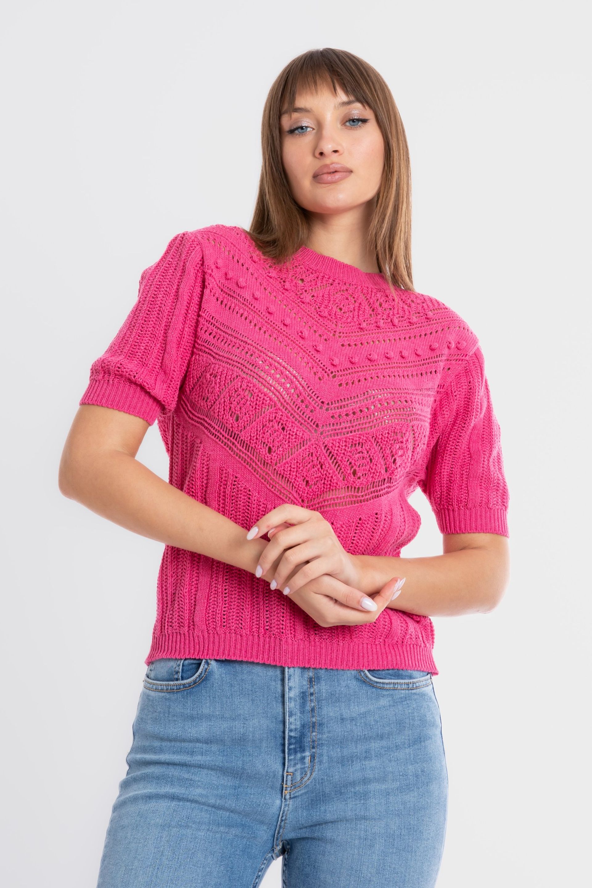 Pink Solid High Neck Detailed Short Sleeve Sweater Women