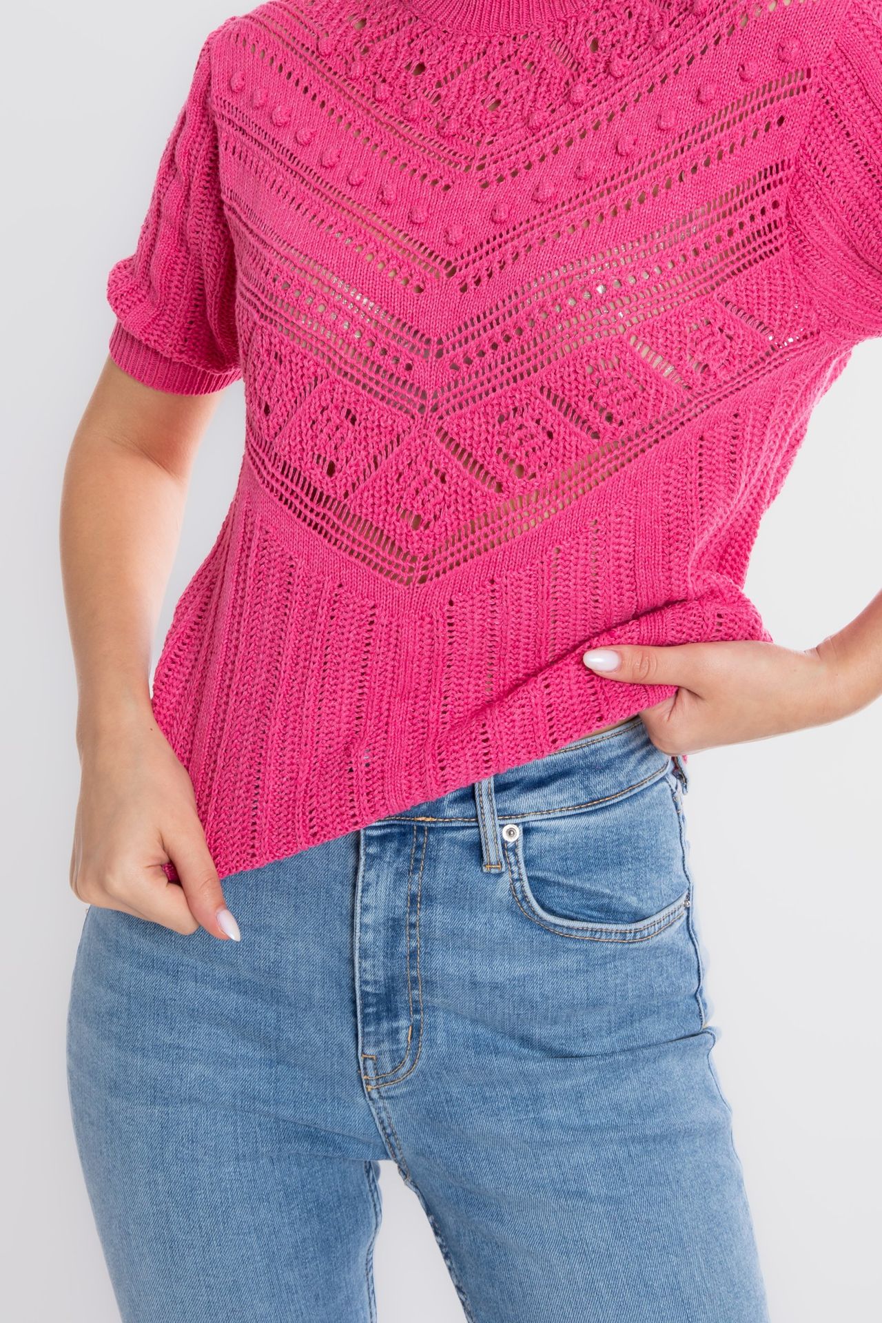 Solid High Neck Detailed Short Sleeve Sweater