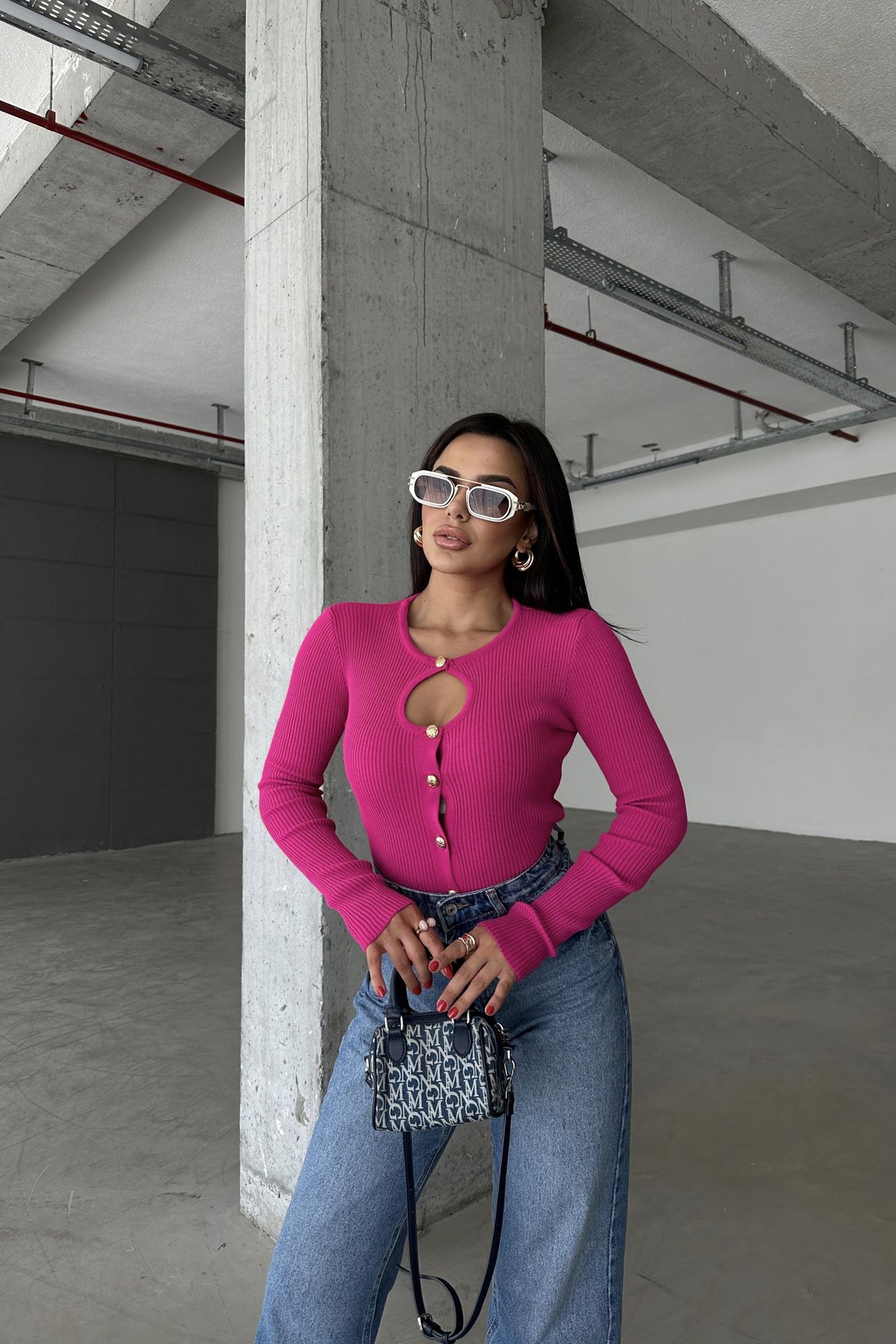 Round Neck Ribbed Cardigan with a Cut Out
