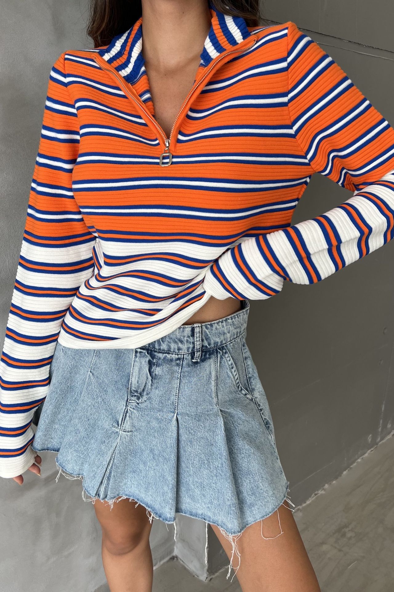 Striped Sweater with a Zippered Neck