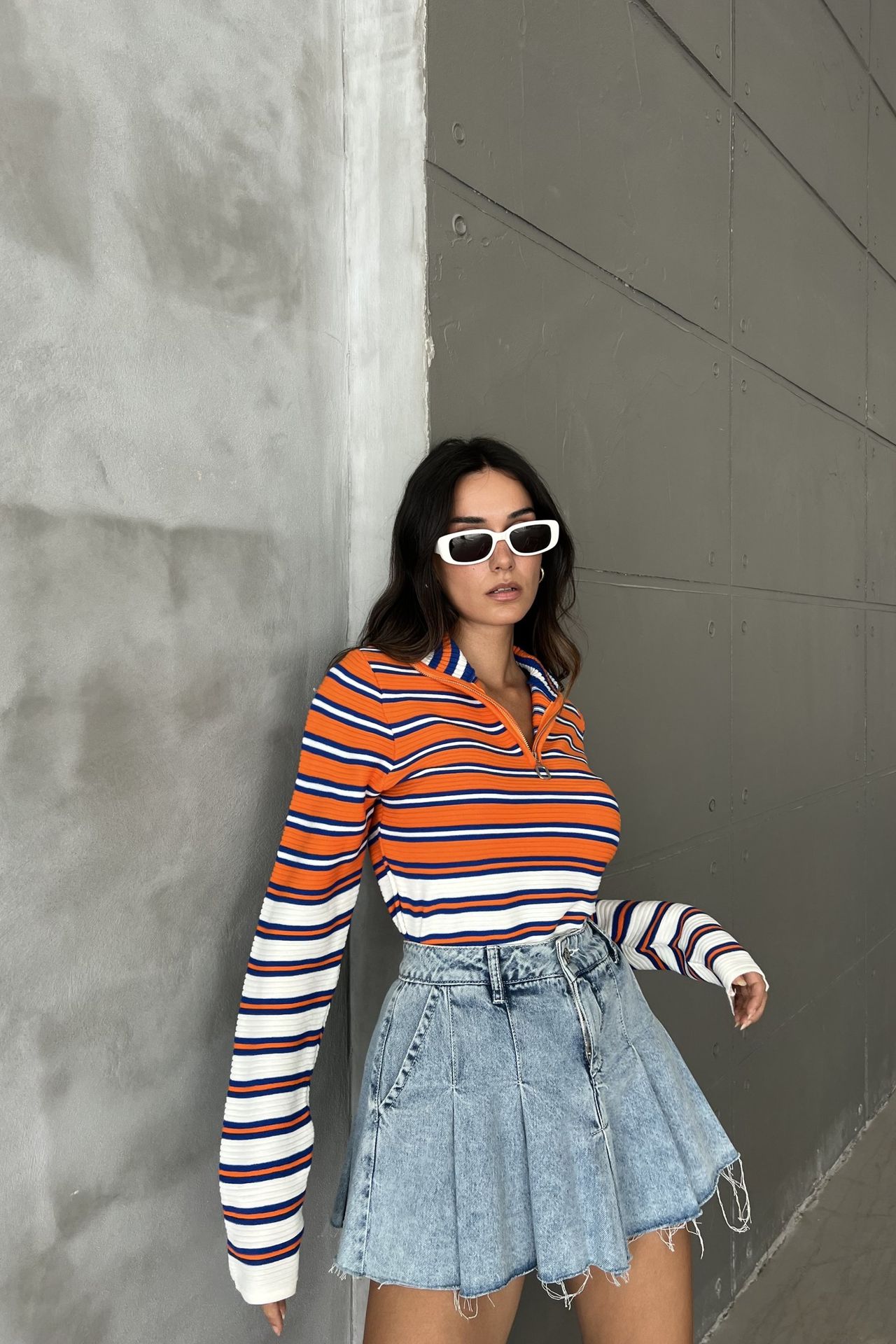 Striped Sweater with a Zippered Neck