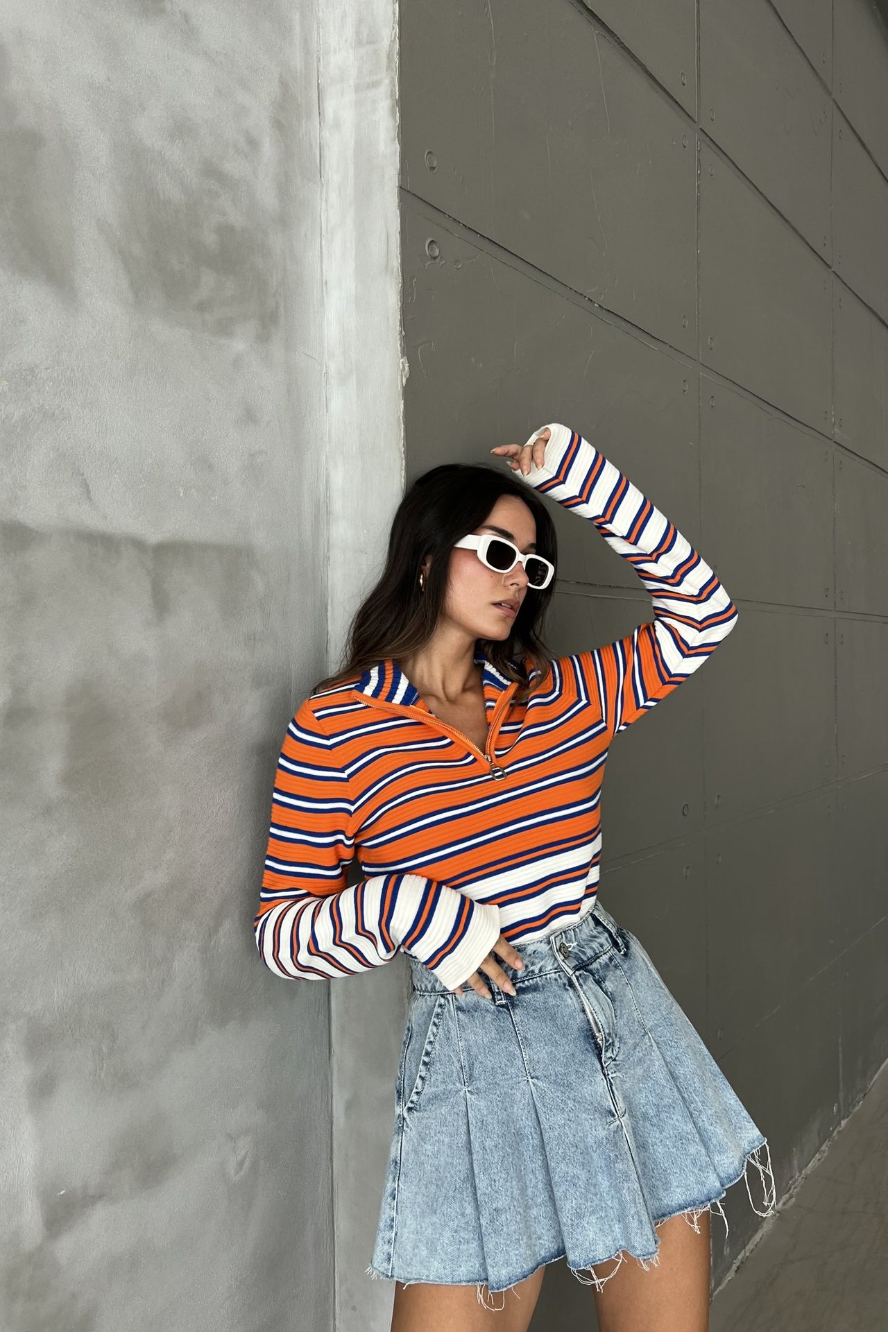Striped Sweater with a Zippered Neck