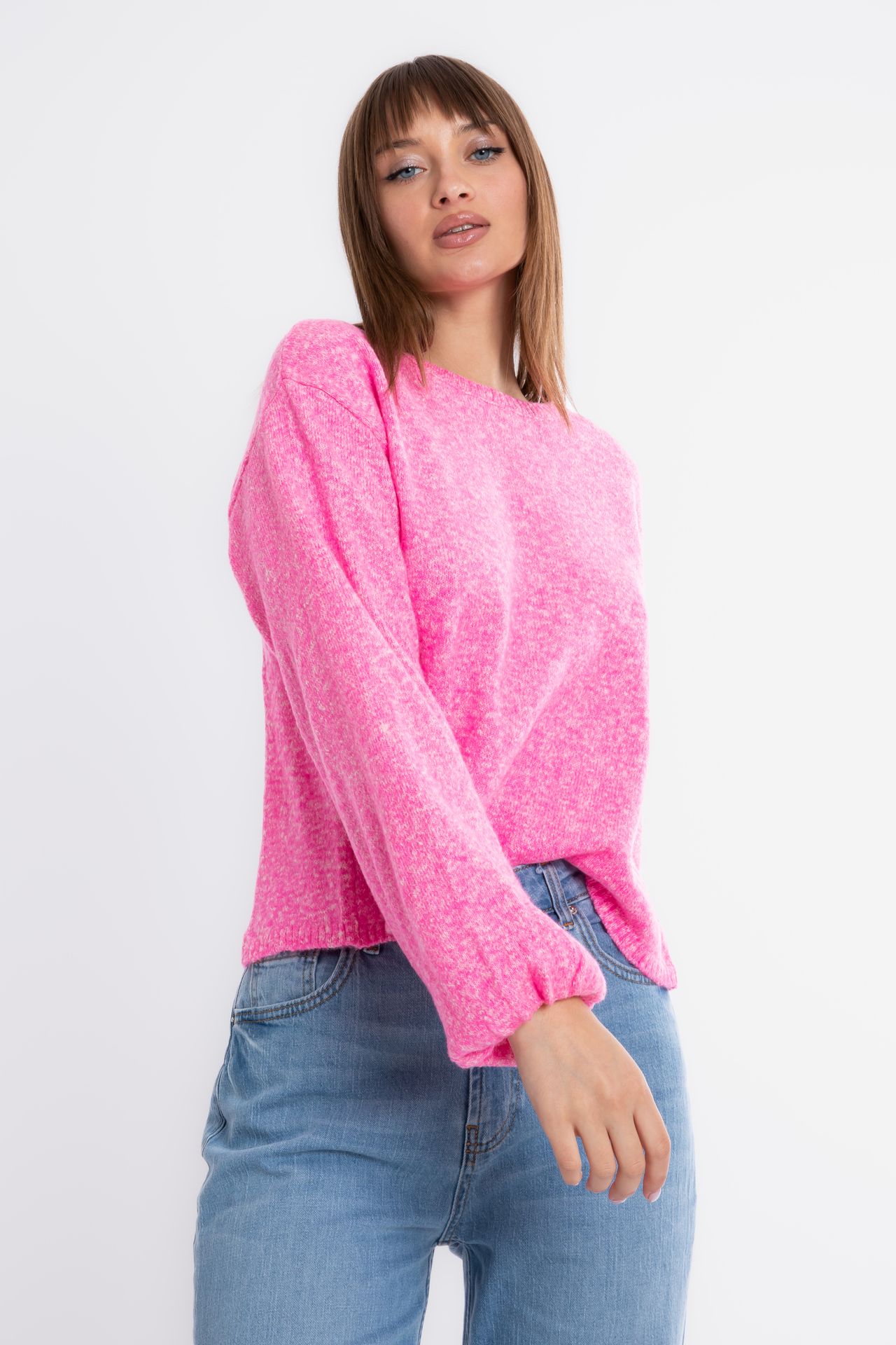 Round Neck Baloon Sleeve Sweater with a Lace Up Back
