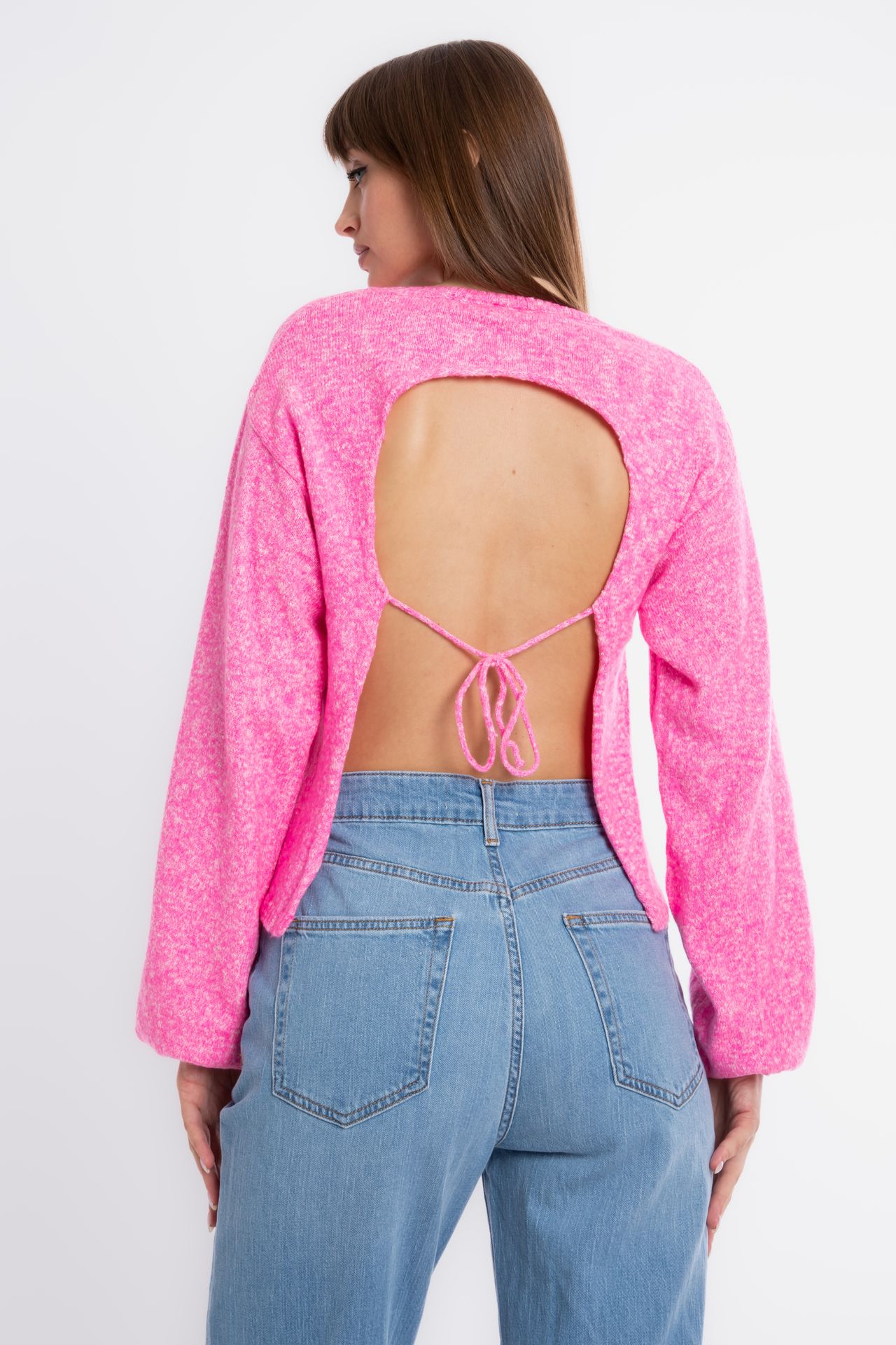 Round Neck Baloon Sleeve Sweater with a Lace Up Back