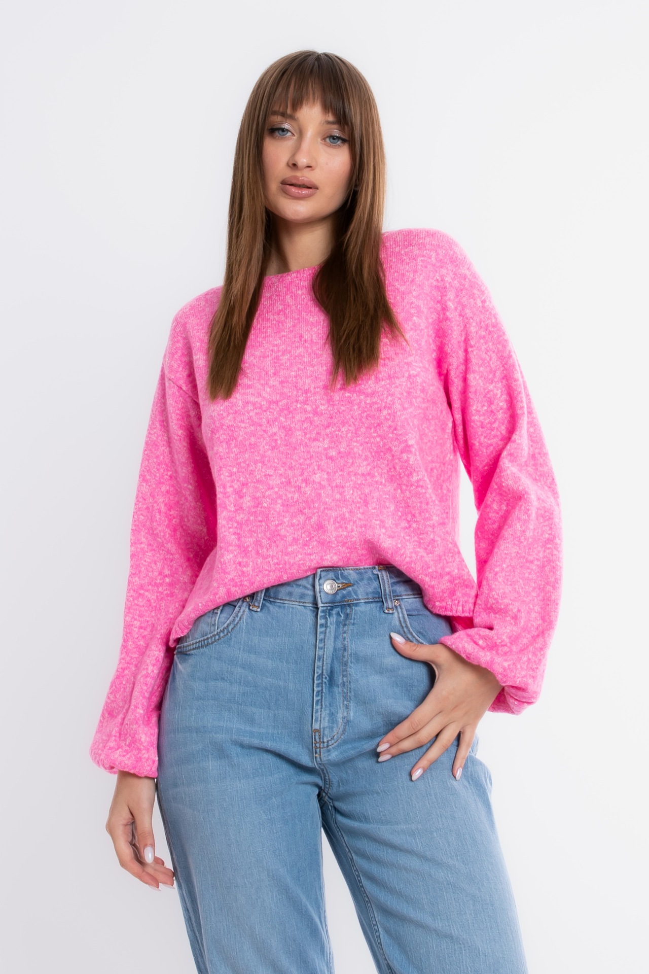 Round Neck Baloon Sleeve Sweater with a Lace Up Back