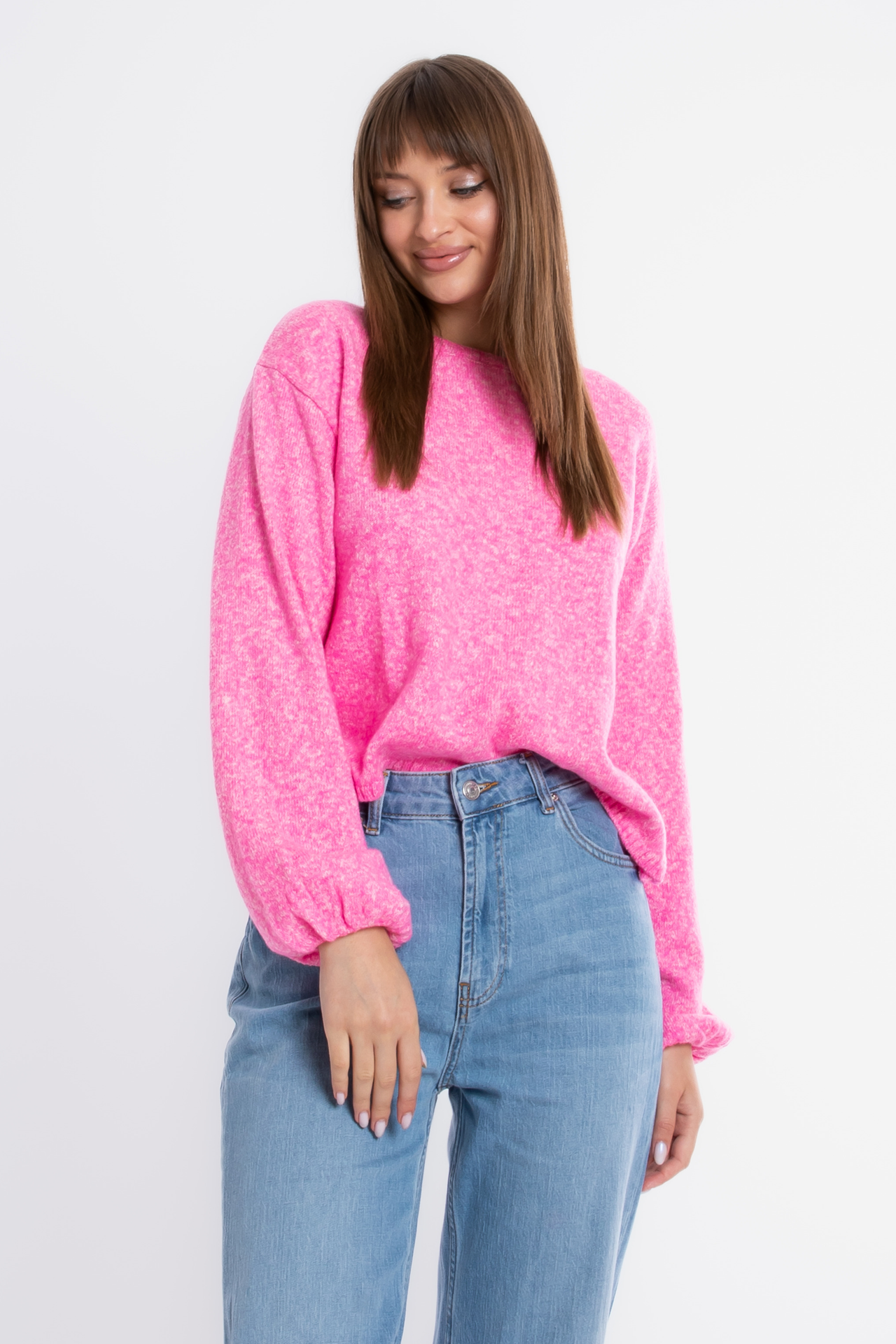 Round Neck Baloon Sleeve Sweater with a Lace Up Back