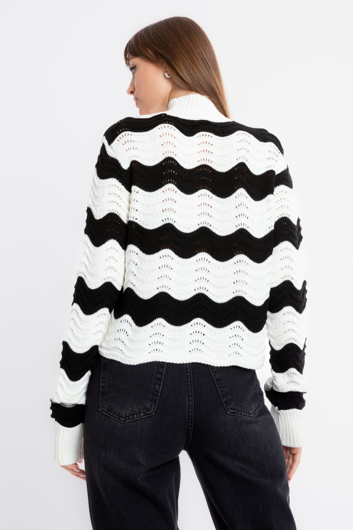 Striped High Neck Detailed Sweater
