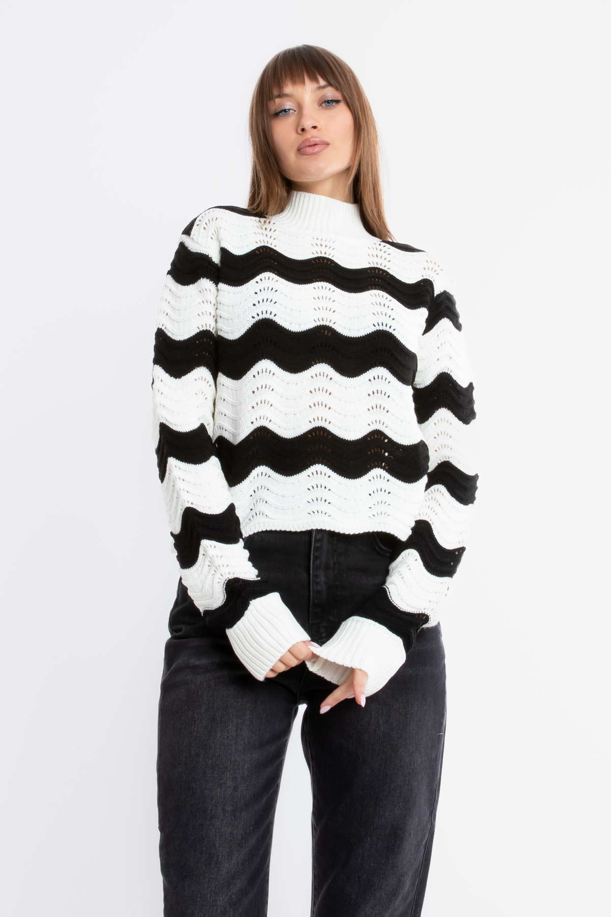 Striped High Neck Detailed Sweater
