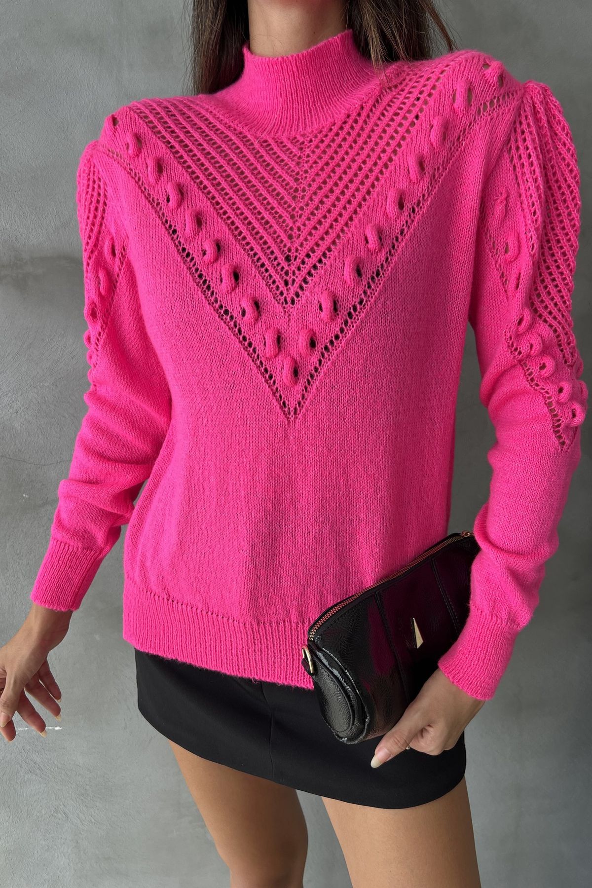 Solid High Neck Detailed Long Sleeve Sweater