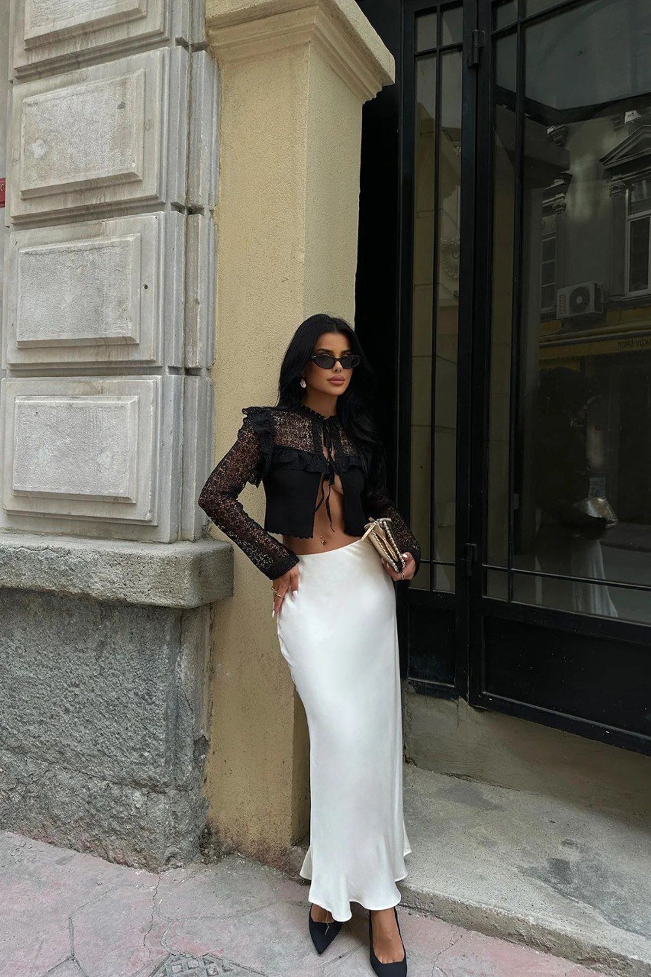Round Neck Cropped Cardigan with a Lace Detail