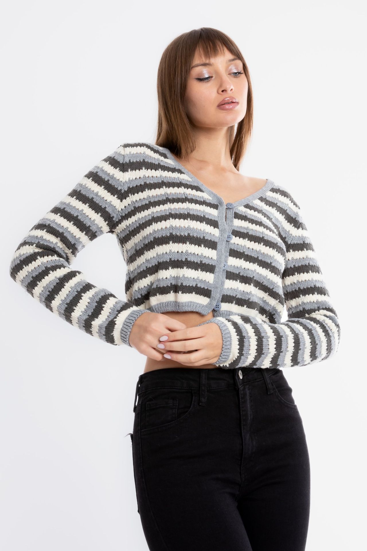 Striped V Neck Cropped Cardigan