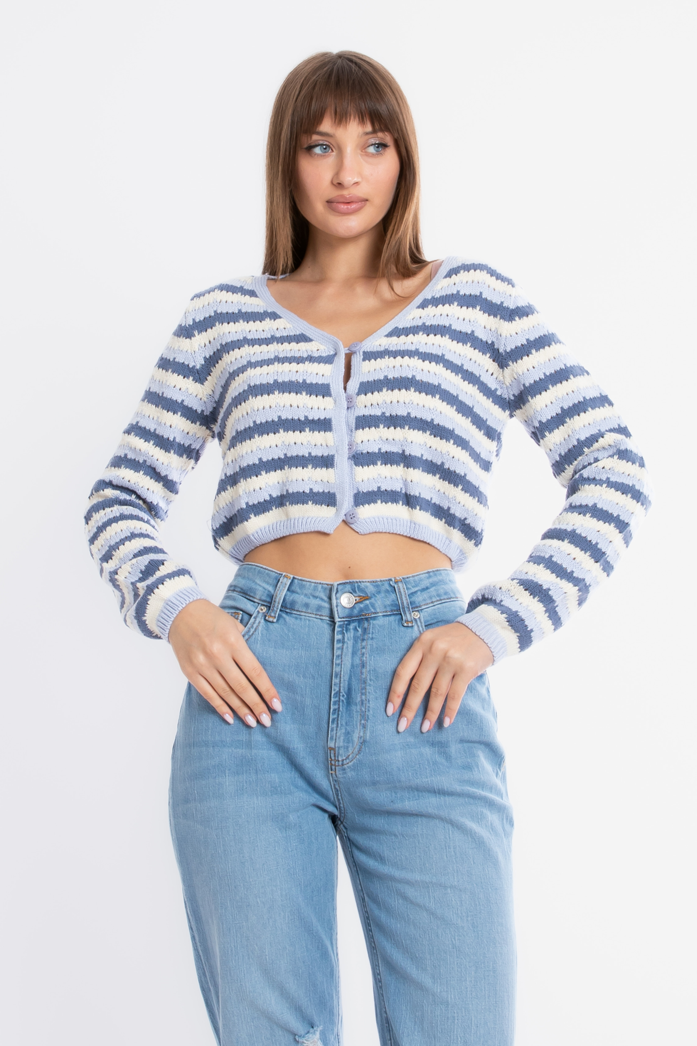 Striped V Neck Cropped Cardigan