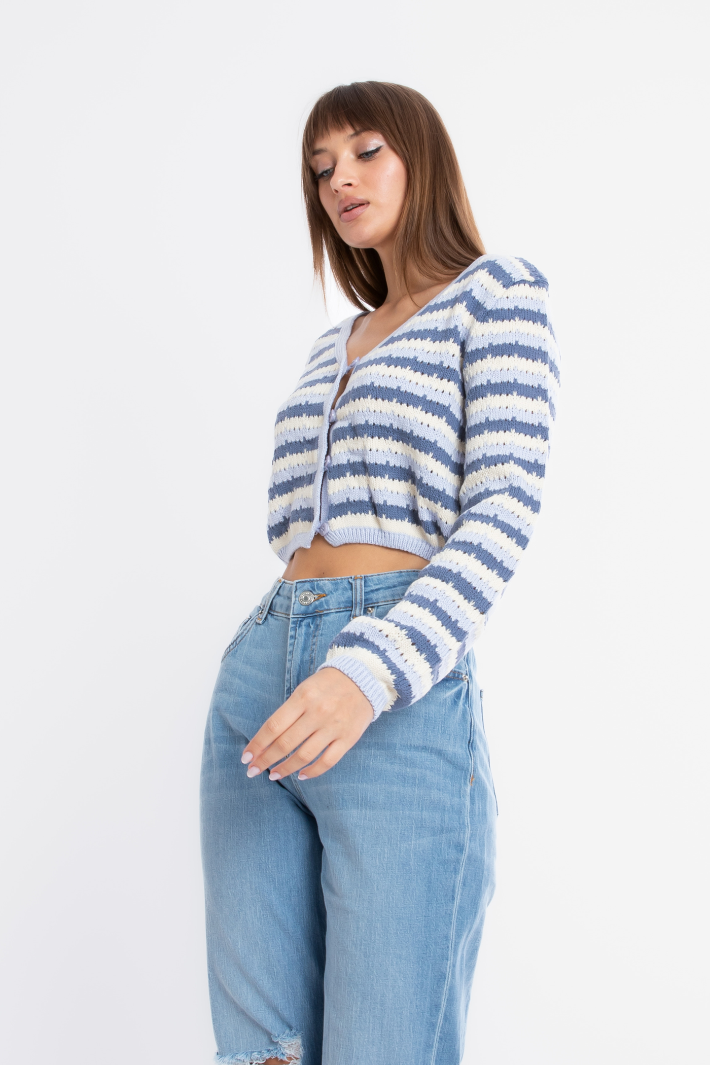 Striped V Neck Cropped Cardigan