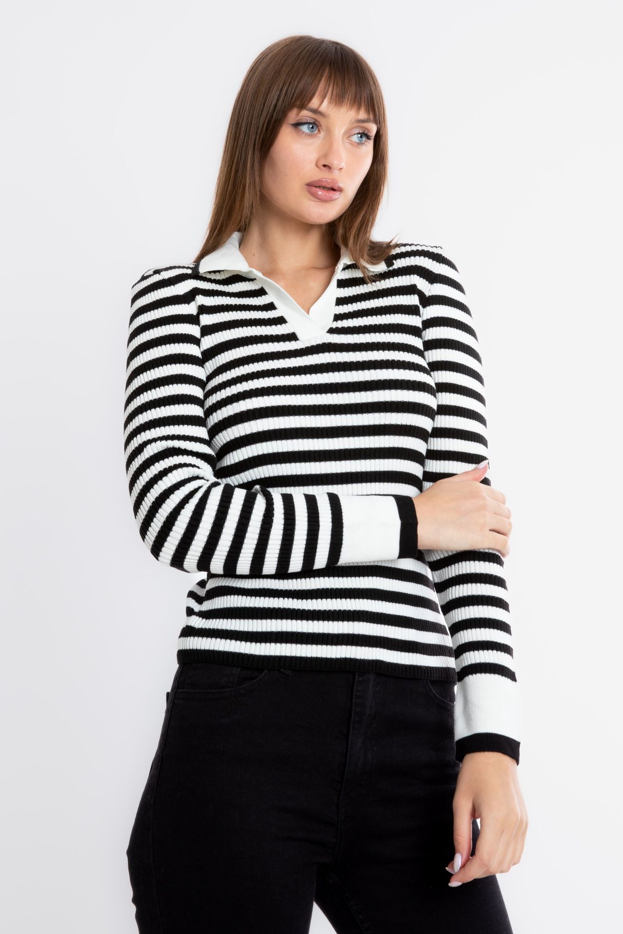 Striped Polo Collar Sweater