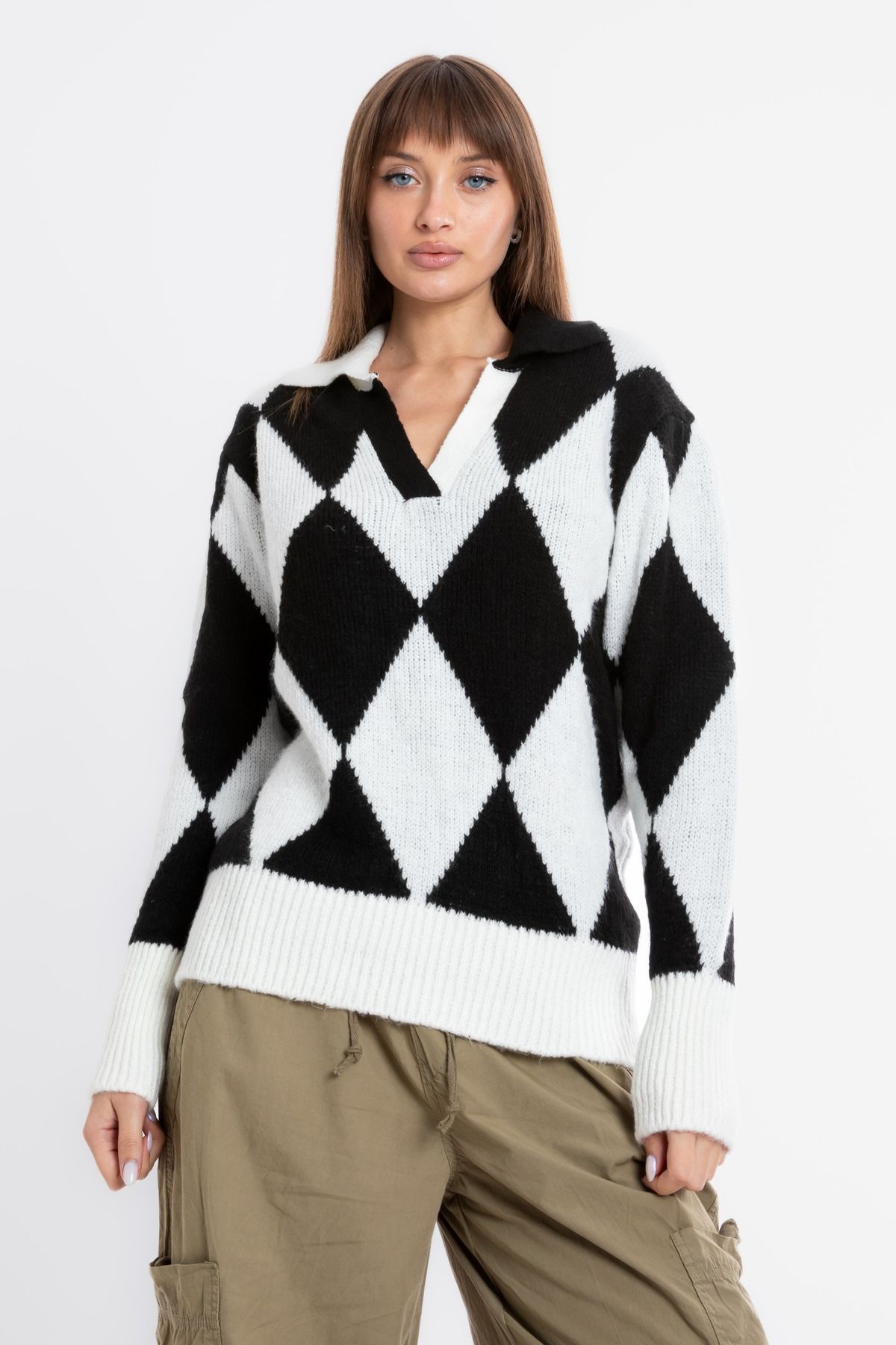 Geometric Polo Collar Oversized Sweater
