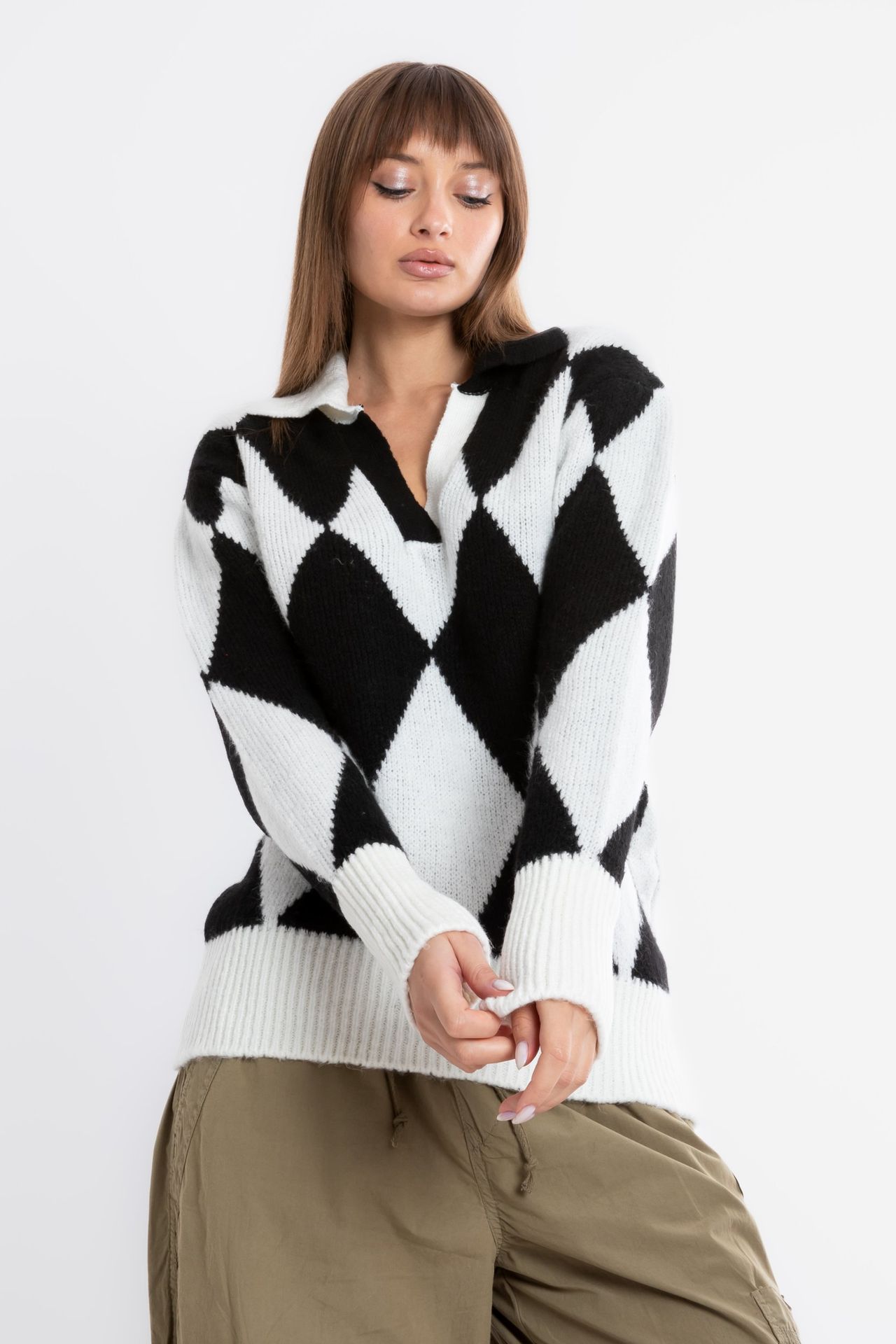 Geometric Polo Collar Oversized Sweater