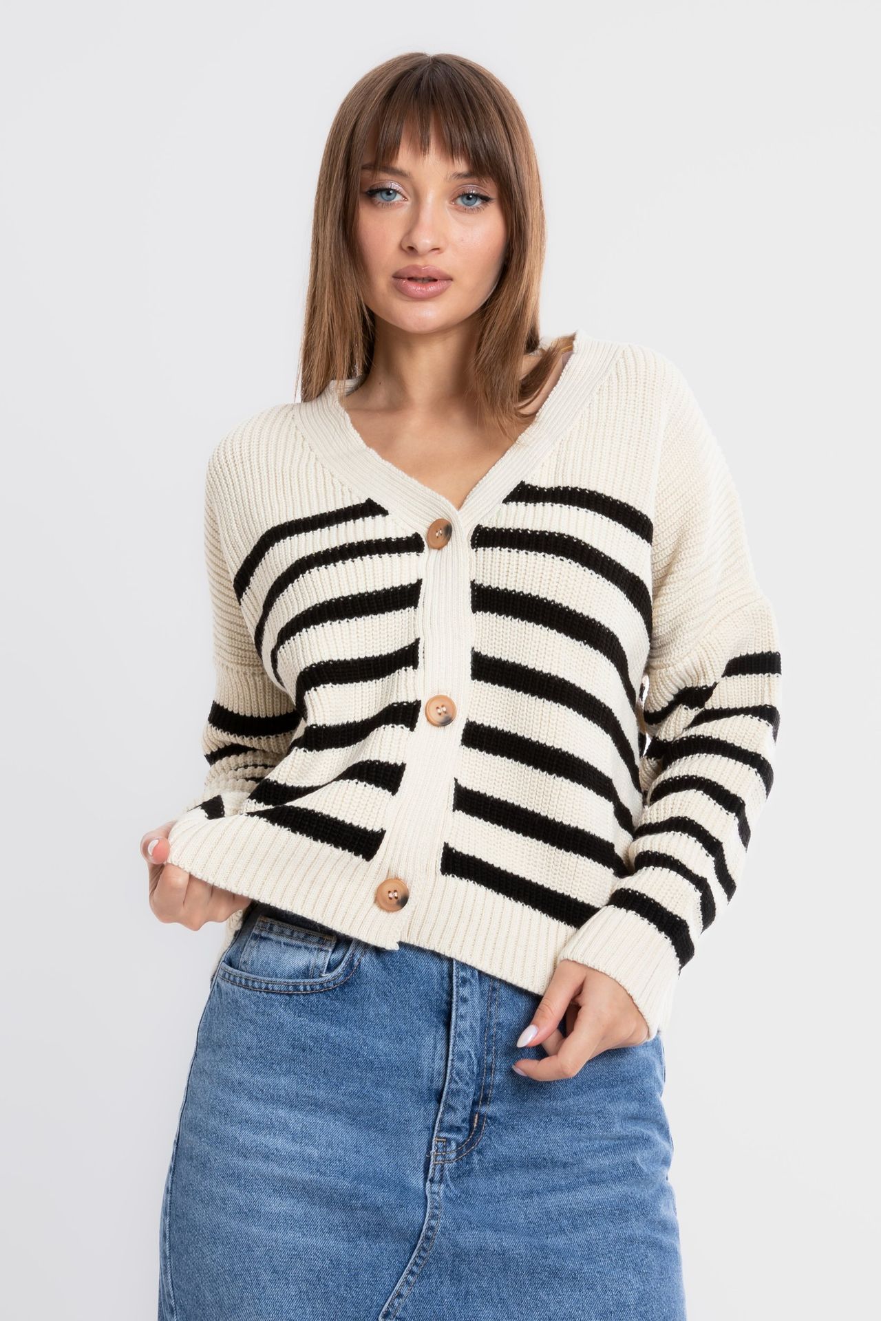 Striped V Neck Buttoned Oversized Cardigan