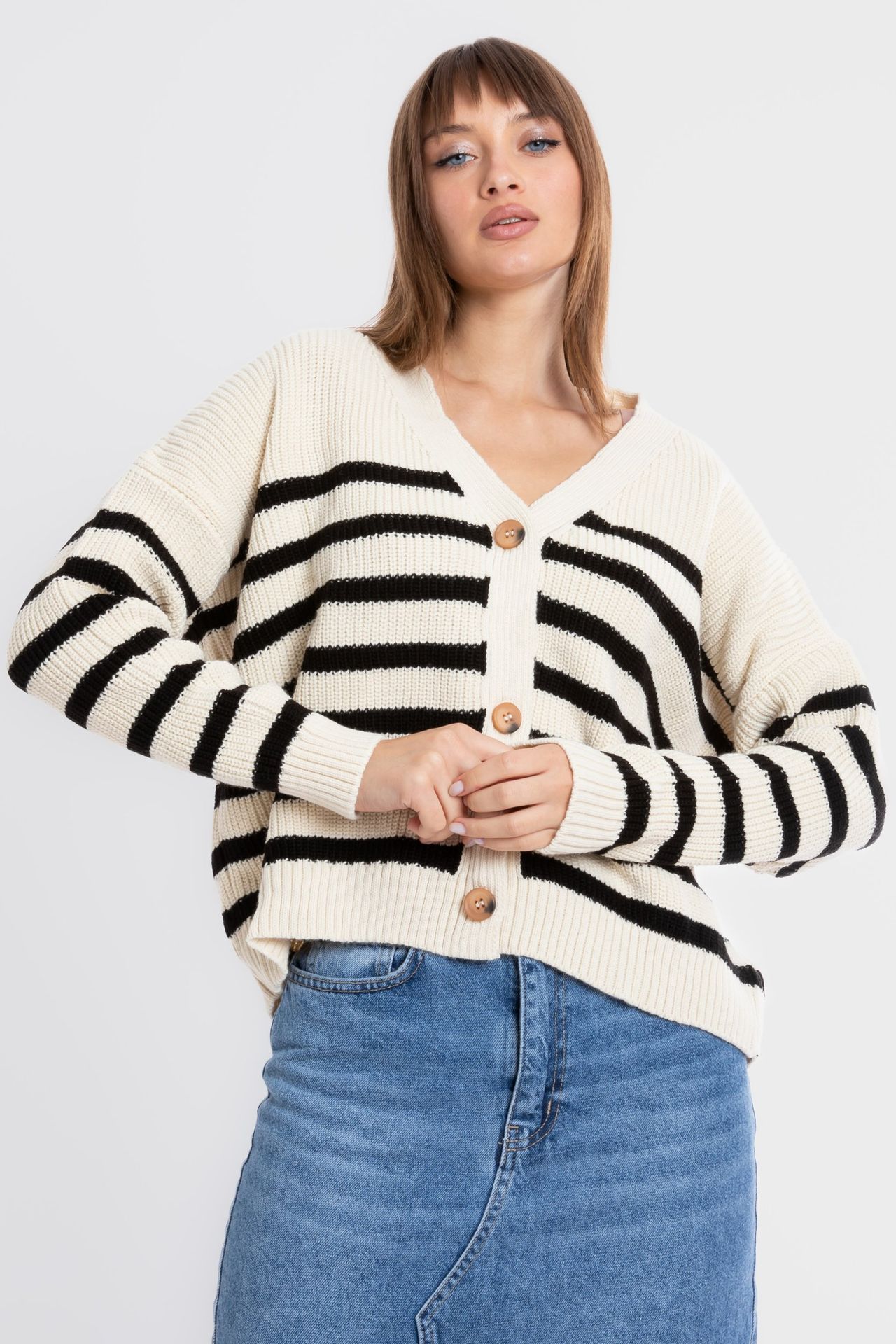 Striped V Neck Buttoned Oversized Cardigan