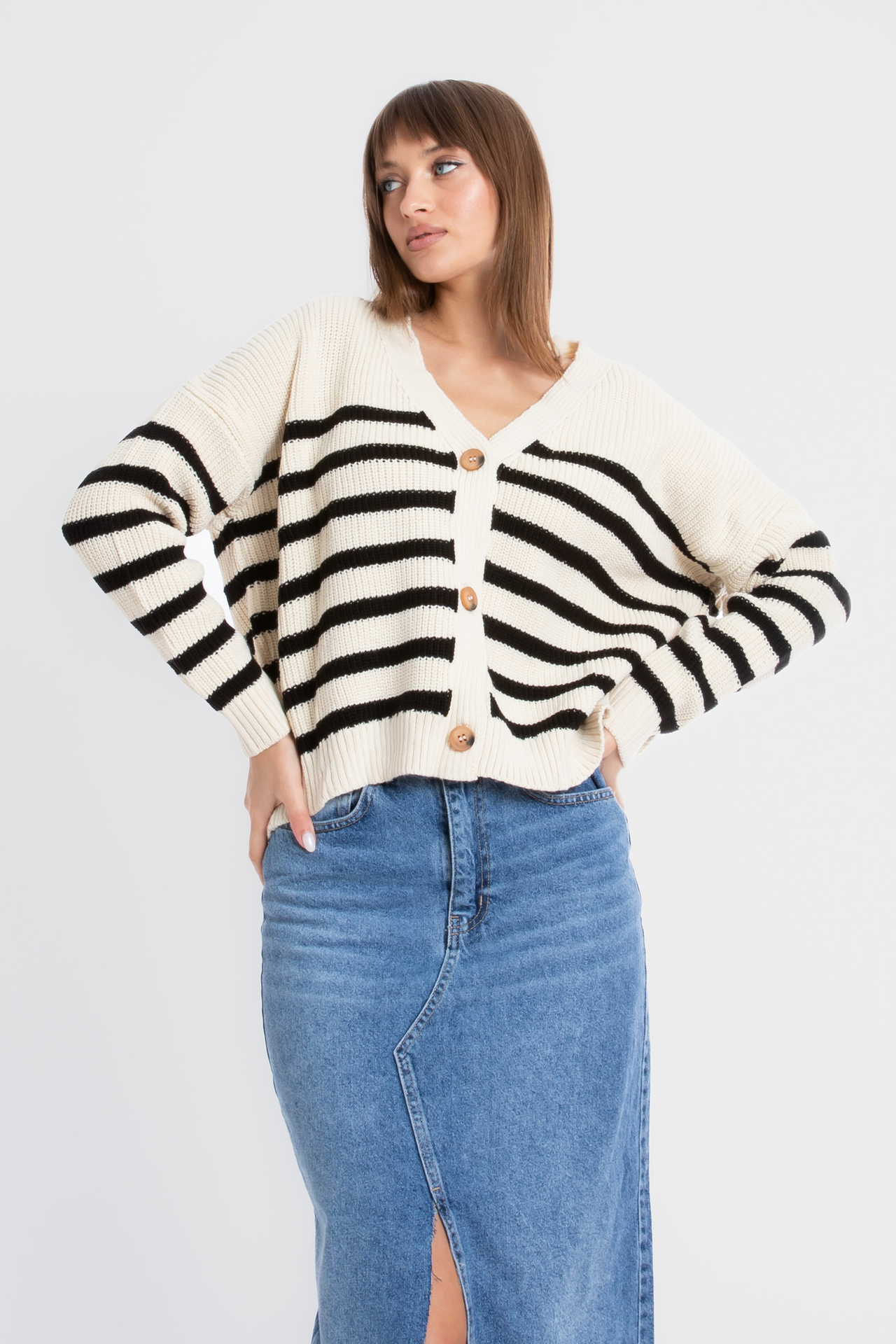 Striped V Neck Buttoned Oversized Cardigan
