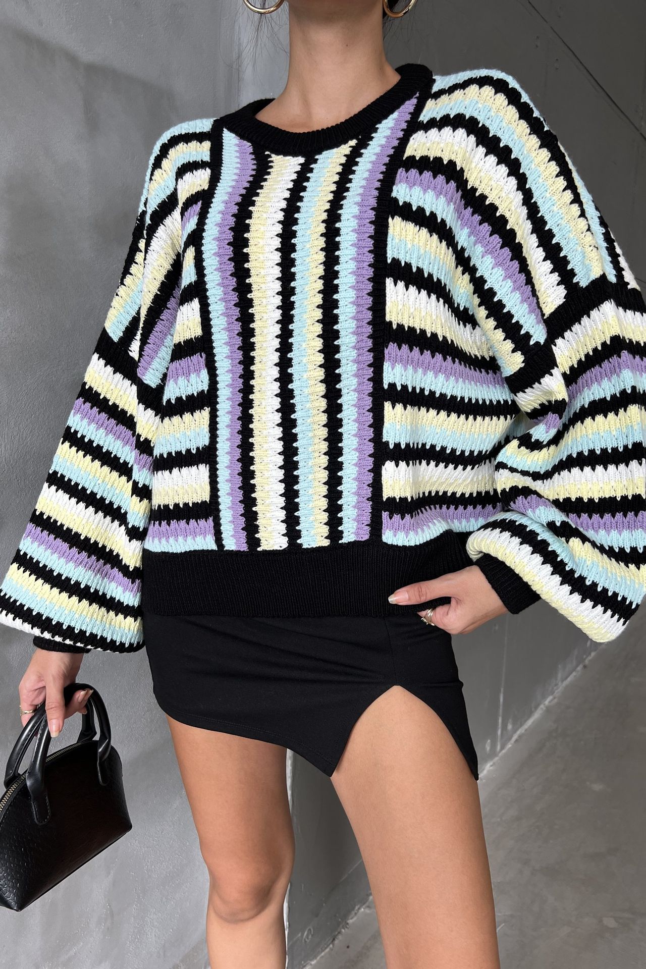 Striped Round Neck Baloon Sleeve Oversized Sweater