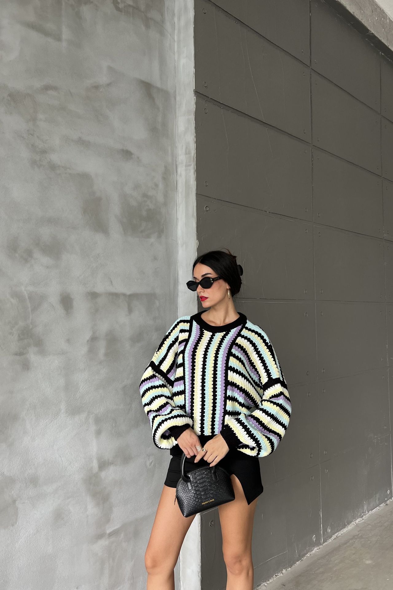 Striped Round Neck Baloon Sleeve Oversized Sweater