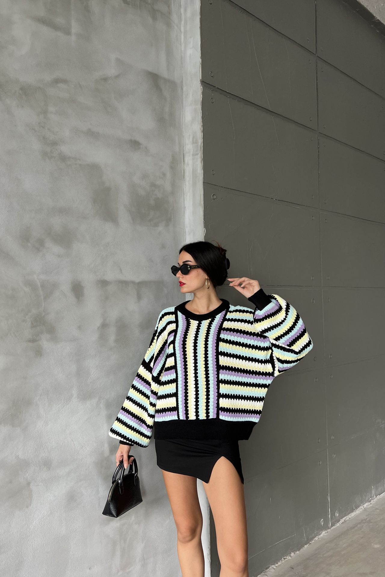 Striped Round Neck Baloon Sleeve Oversized Sweater