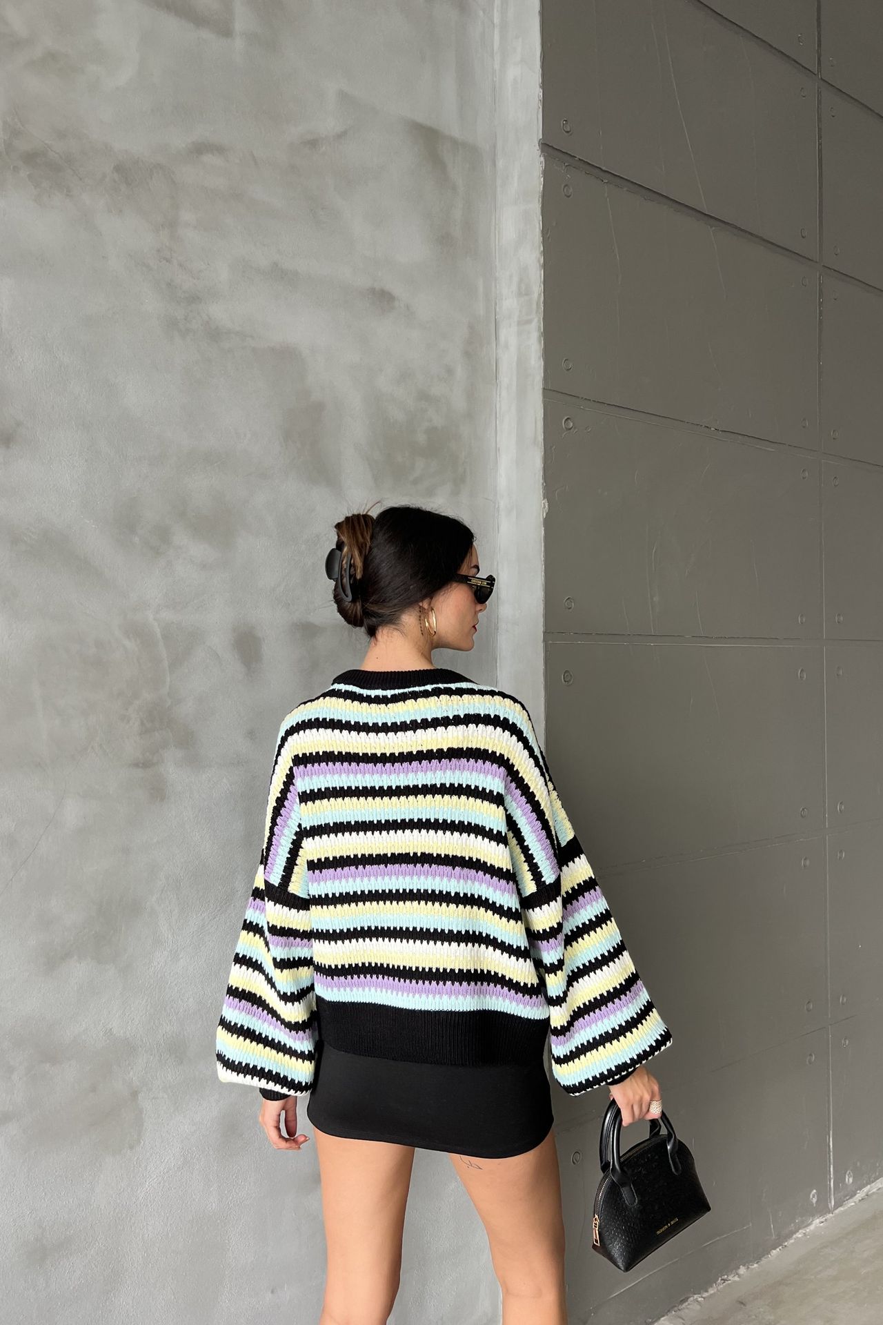 Striped Round Neck Baloon Sleeve Oversized Sweater