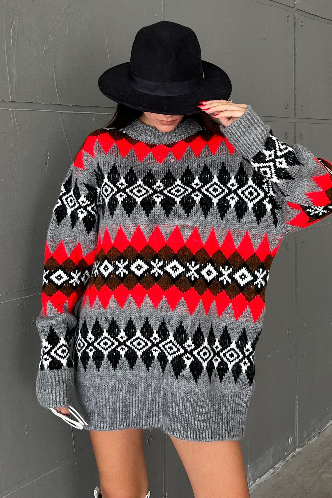 Patterned Crew Neck Oversized Sweater