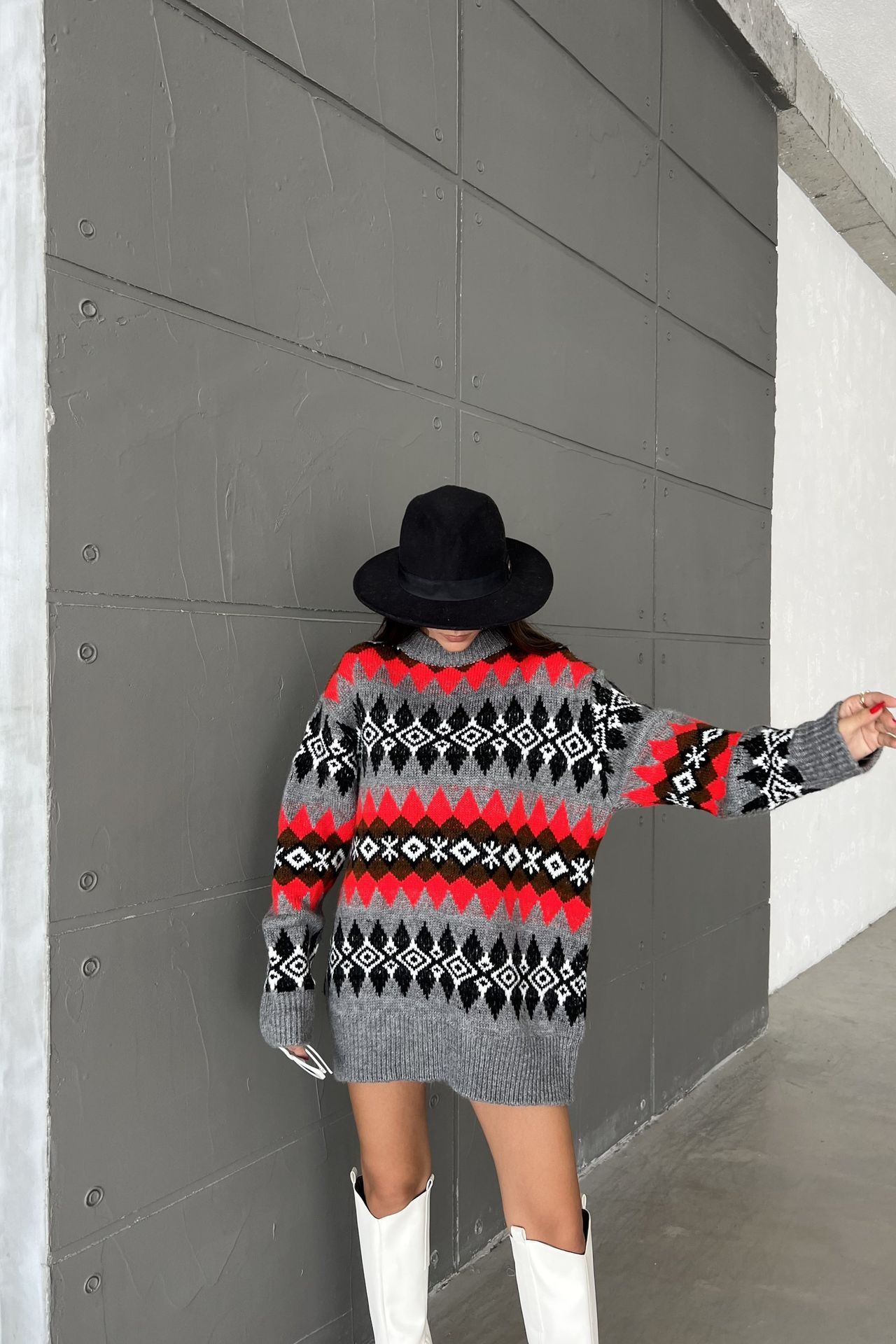 Patterned Crew Neck Oversized Sweater