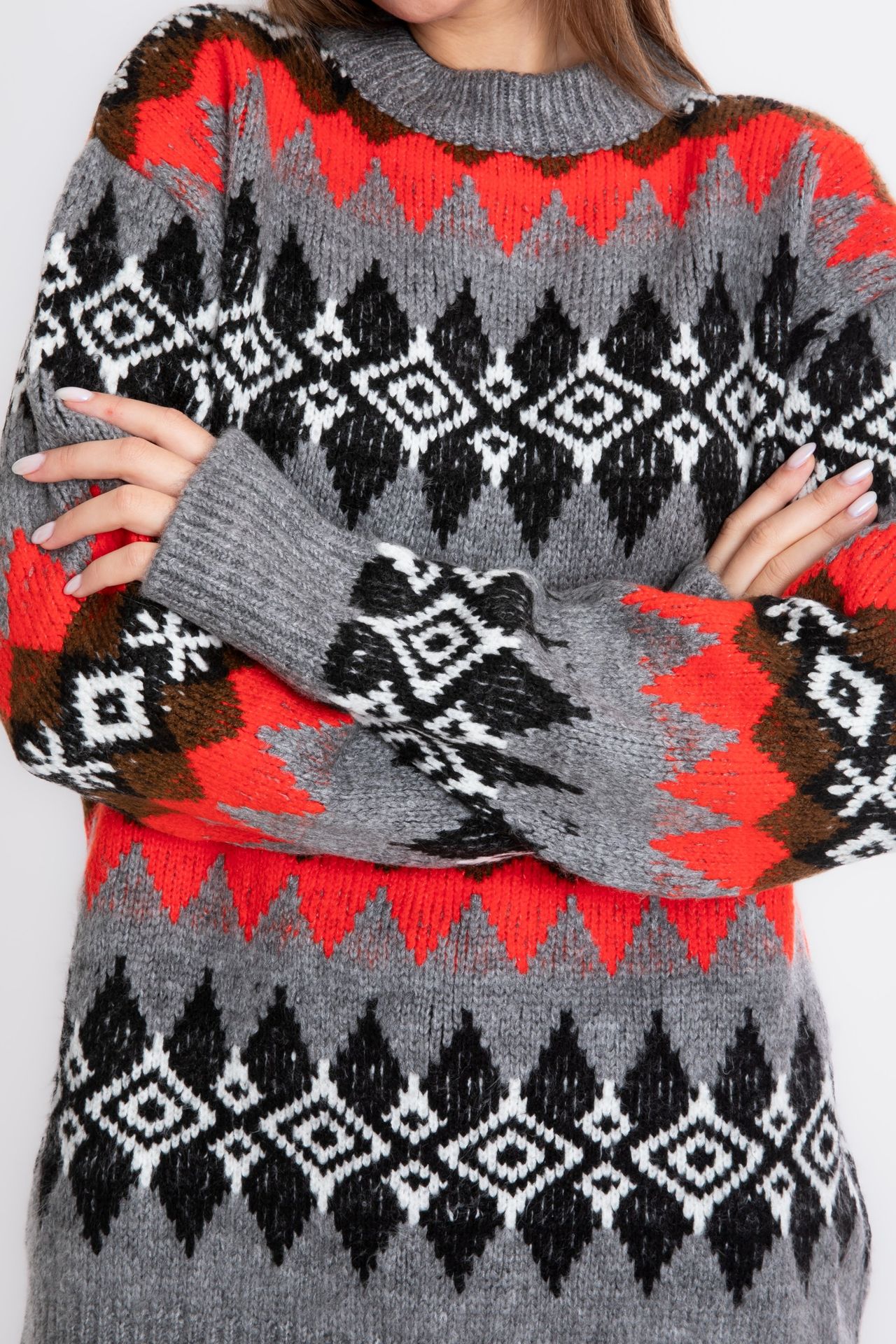 Patterned Crew Neck Oversized Sweater