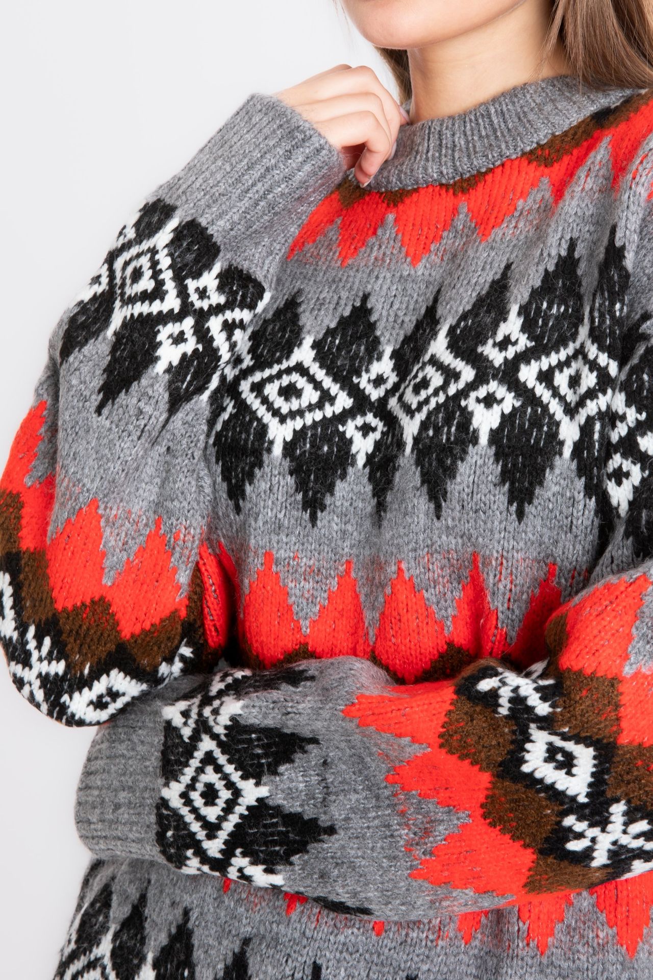 Patterned Crew Neck Oversized Sweater