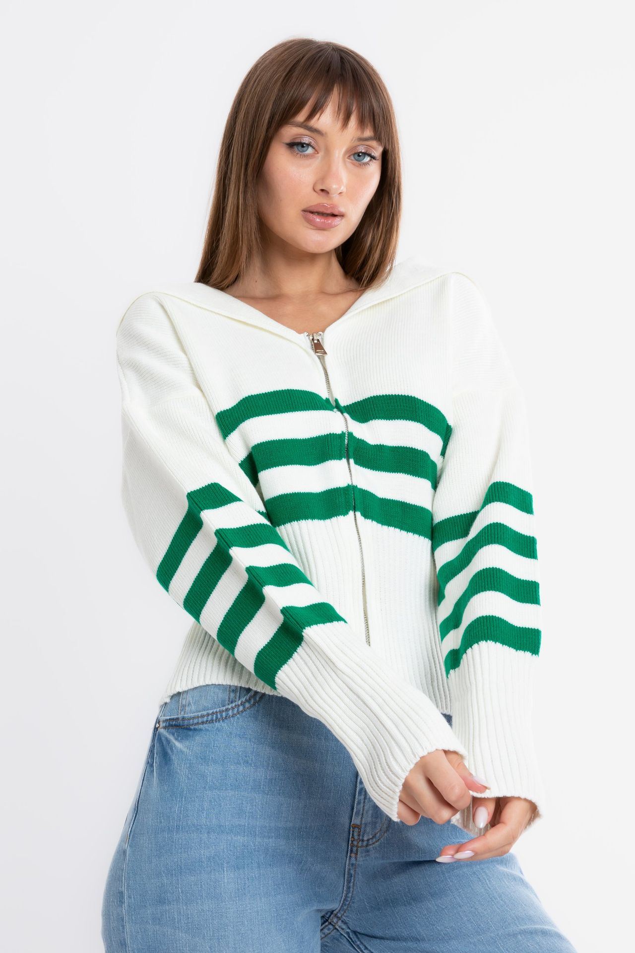 Striped Collar Zippered Oversized Cardigan