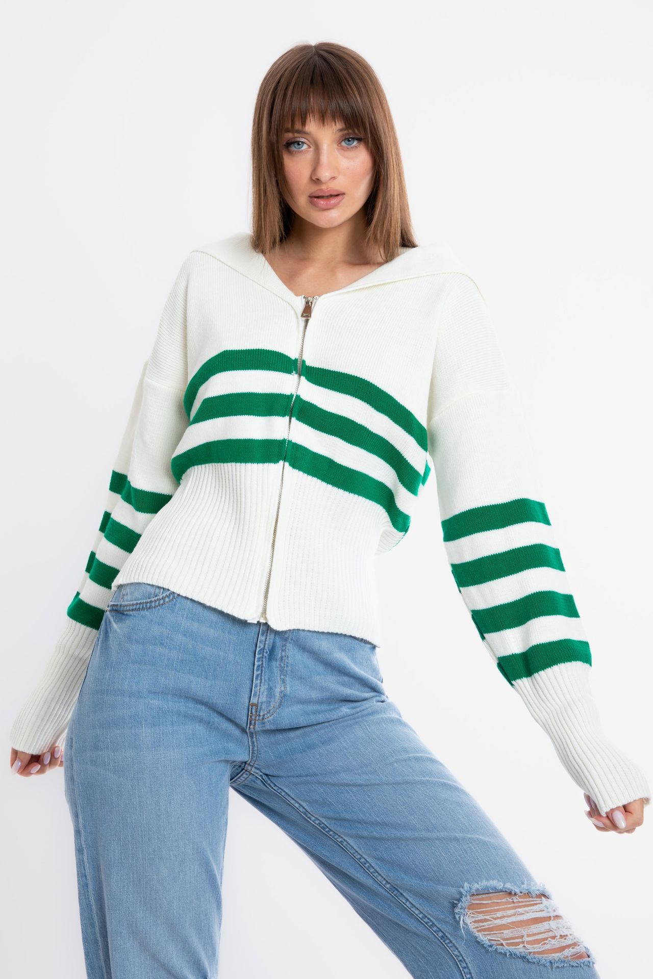 Striped Collar Zippered Oversized Cardigan