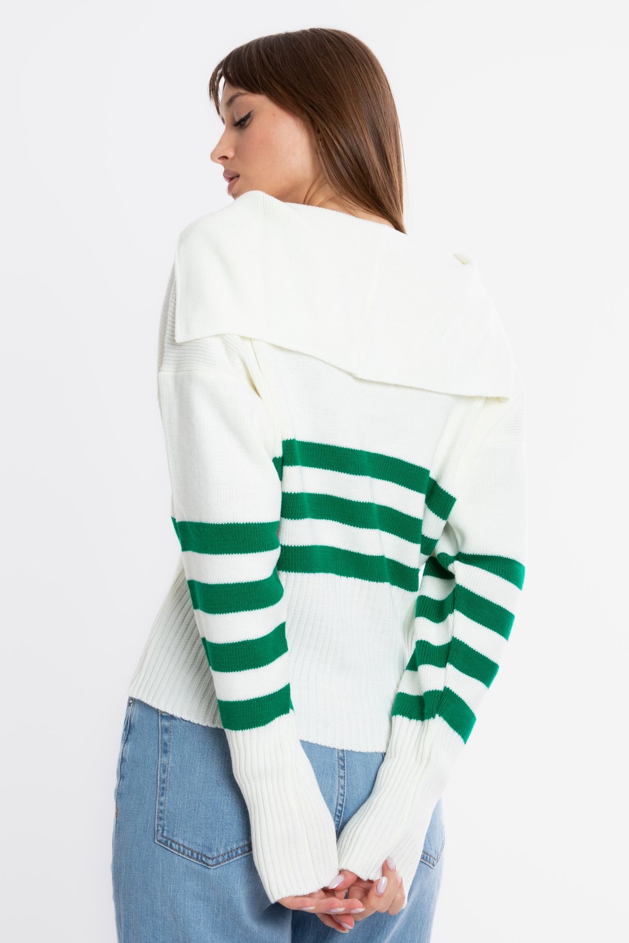 Striped Collar Zippered Oversized Cardigan